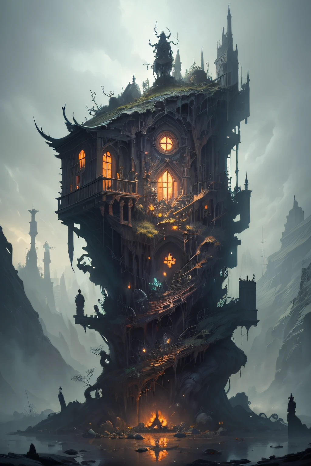 a crazy goblin gloomy on a creep mural darknes and souls, wild, 8k resolution, photorealistic masterpiece by Aaron Horkey and Jeremy Mann, intricately detailed fluid gouache painting by Jean Baptiste, professional photography, natural lighting, volumetric lighting, maximalist, 8k resolution, concept art, intricately detailed, complex, fantastical, cover