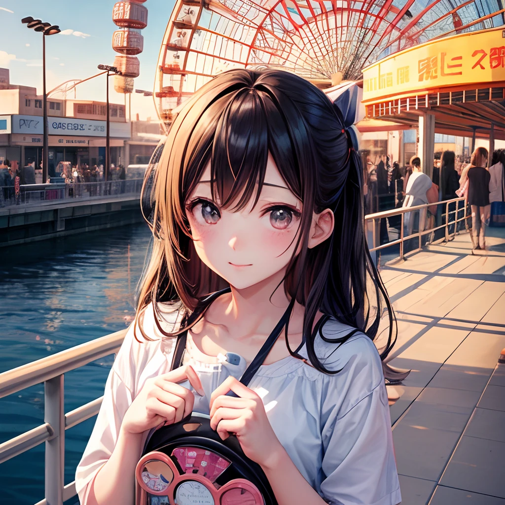 (masutepiece)A girl in a Ferris wheel is looking at us、Clean face、、Cute look、Teleface、Dating Situations、lookatviewer、One-person viewpoint、frontage、The background is inside the Ferris wheel