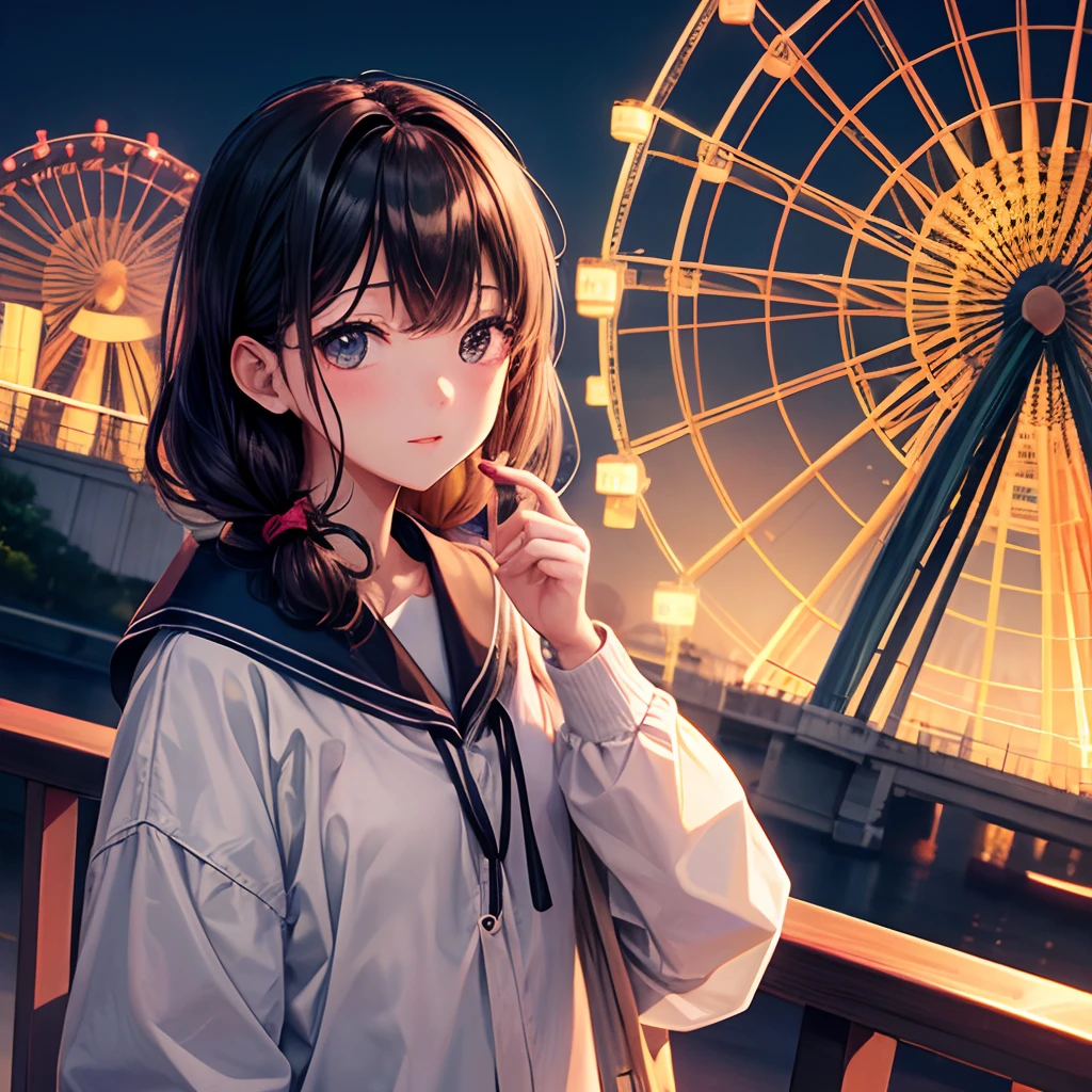 (masutepiece)A girl in a Ferris wheel is looking at us、Clean face、、Cute look、Teleface、Dating Situations、lookatviewer、One-person viewpoint、frontage、The background is inside the Ferris wheel