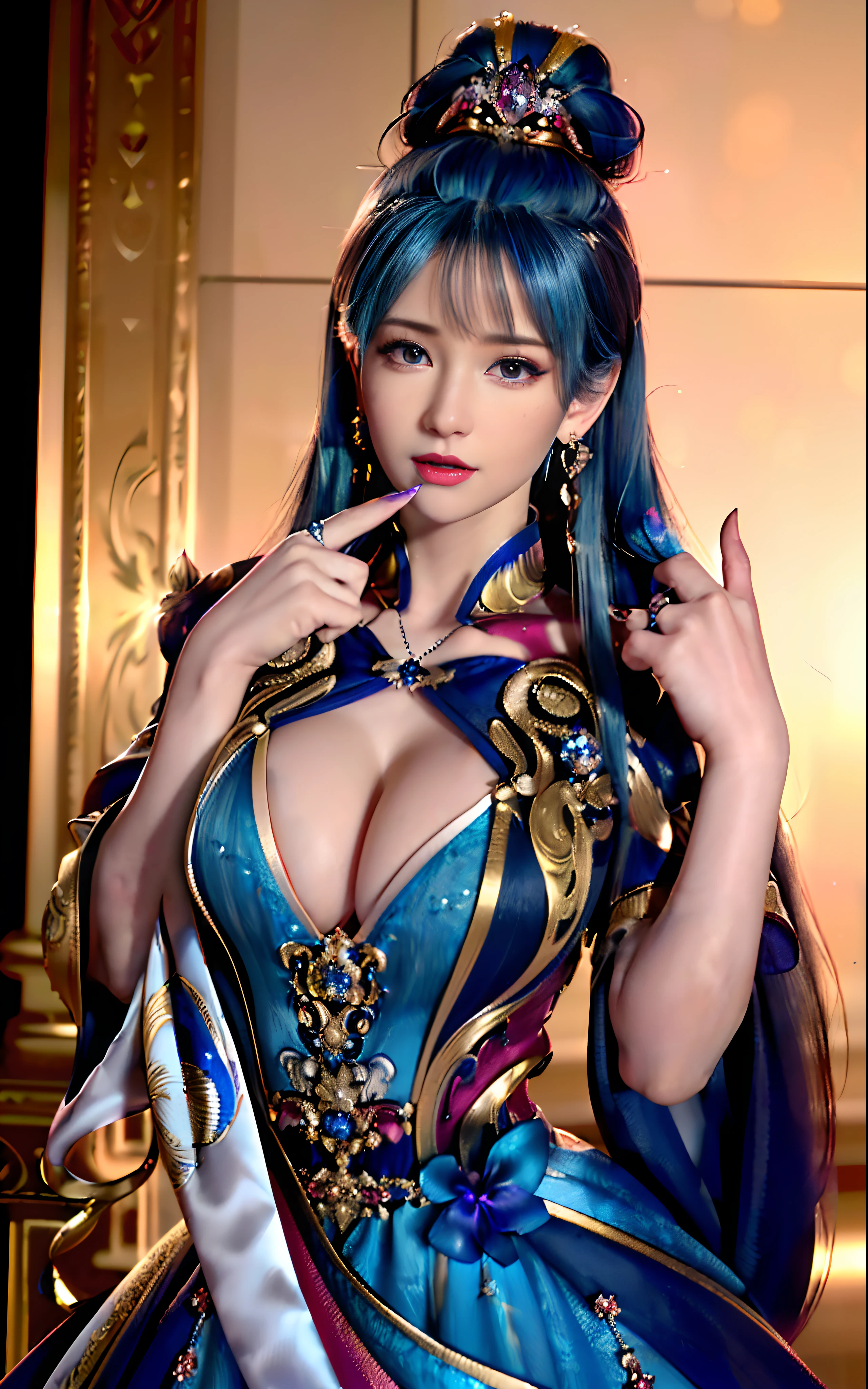 ((realisticity: 1.2)), ((realistic: 8K UHD)), ((best resolution: 8K UHD)), hyper detailed, best quality,masterpiece,highres,cg, ((1 girl hyper detailed and hyper realistic) ) , ((beautiful queen, hyper realistic and hyper detailed)),((white skin, beautiful, smooth, youthful, hyper realistic and hyper detailed )), ((Face hyper beautiful, white, hyper realistic and hyper detailed ) ), long hair, ((hyper realistic and hyper detailed dress)), solo, ((hyper realistic, hyper beautiful, beautiful and hyper detailed jewelry)), ((hyper beautiful deep red and golden yellow dress, hyper realistic and hyper detailed )) , ((Her pretty, hyper realistic, hyper detailed diamond filled earrings)), ((Her gorgeous diamond haircut, hyper realistic and hyper detailed)), ((hyper pretty upper body, hyper beautiful, hyper realistic and hyper detailed) ), ((medium breast: 1.1)), ((hyper realistic, hyper pretty, hyper detailed boobs)), ((the backgroun of the royal palace is hyper majestic, hyper realistic and hyper detailed)),((hands and palms hyper beautiful, hyper detailed, hyper realistic)), ((hyper detailed and hyper realistic fingers and fingernails)), ((hyper pretty fingernails, hyper vivid, hyper detailed, hyper realistic)), ((thumb, index finger, middle finger, ring finger, little finger hyper vivid, hyper pretty, hyper detailed, hyper realistic)),
((hyper beautiful fingers, hyper detailed, and hyper realistic)), ((posture not too fat and not too thin, hyper realistic, hyper detail)), ((hyper pretty, hyper pretty, hyper realistic and hyper detailed hair bun)), ((hyper pretty , hyper realistic and hyper detailed blue hair)), candid, Photo, high resolution, 8k , bokeh,