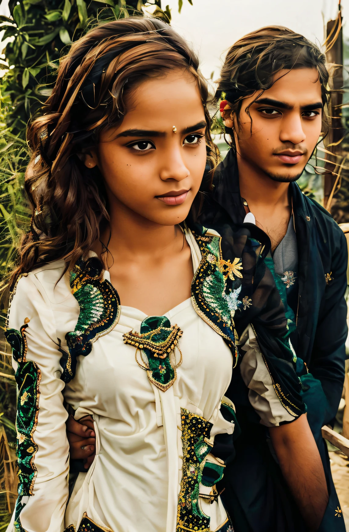 Prompt: A captivating image capturing the essence of an intercultural romance between a Pakistani girl and an American guy. They are standing on a picturesque bridge, their hands gently intertwined. The girl wears a stunning traditional Pakistani attire, adorned with intricate embroidery and vibrant colors, while the guy complements her style with a modern yet respectful outfit. The background showcases a fusion of Pakistani and American elements, such as iconic landmarks from both countries, symbolizing the harmonious blending of their cultures and the beauty of diversity. Negative prompt: Cultural clashes, lack of understanding, strained relationship, forced assimilation, miscommunication, disapproval from families, disconnection between cultures, closed-mindedness, judgment, clash of values, resentment, cultural insensitivity, prejudice, cultural misunderstandings, disintegration of traditions, cultural barriers, exclusion, rejection, lack of acceptance, cultural stereotypes, cultural appropriation, lack of integration, cultural ignorance.