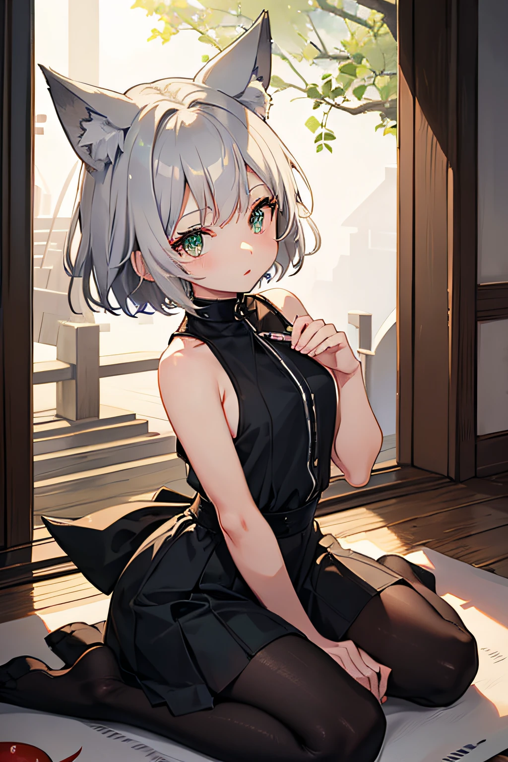 1 person Green eyes fox ears gray hair short hair black clothes sitting  night shrine beautiful eyes beautiful hands shrine temple night