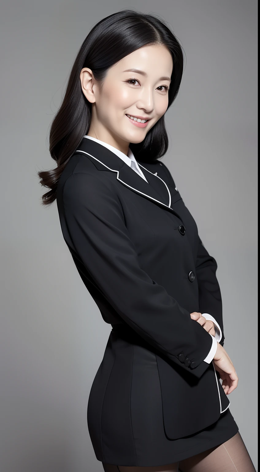 Masterpiece,Best quality, (maam. clerk:1), ((Portrait:1.3)), Cross arms， Smile，Gray professional wear，Long legs，skin hyper-detail，Clear pores，in a panoramic view，Cocked buttocks，black lence stockings，Beautiful young Japanese woman over 40 years old,  Perfect face, Fantastic look,  (Detailed facial features),  Clean and nice face