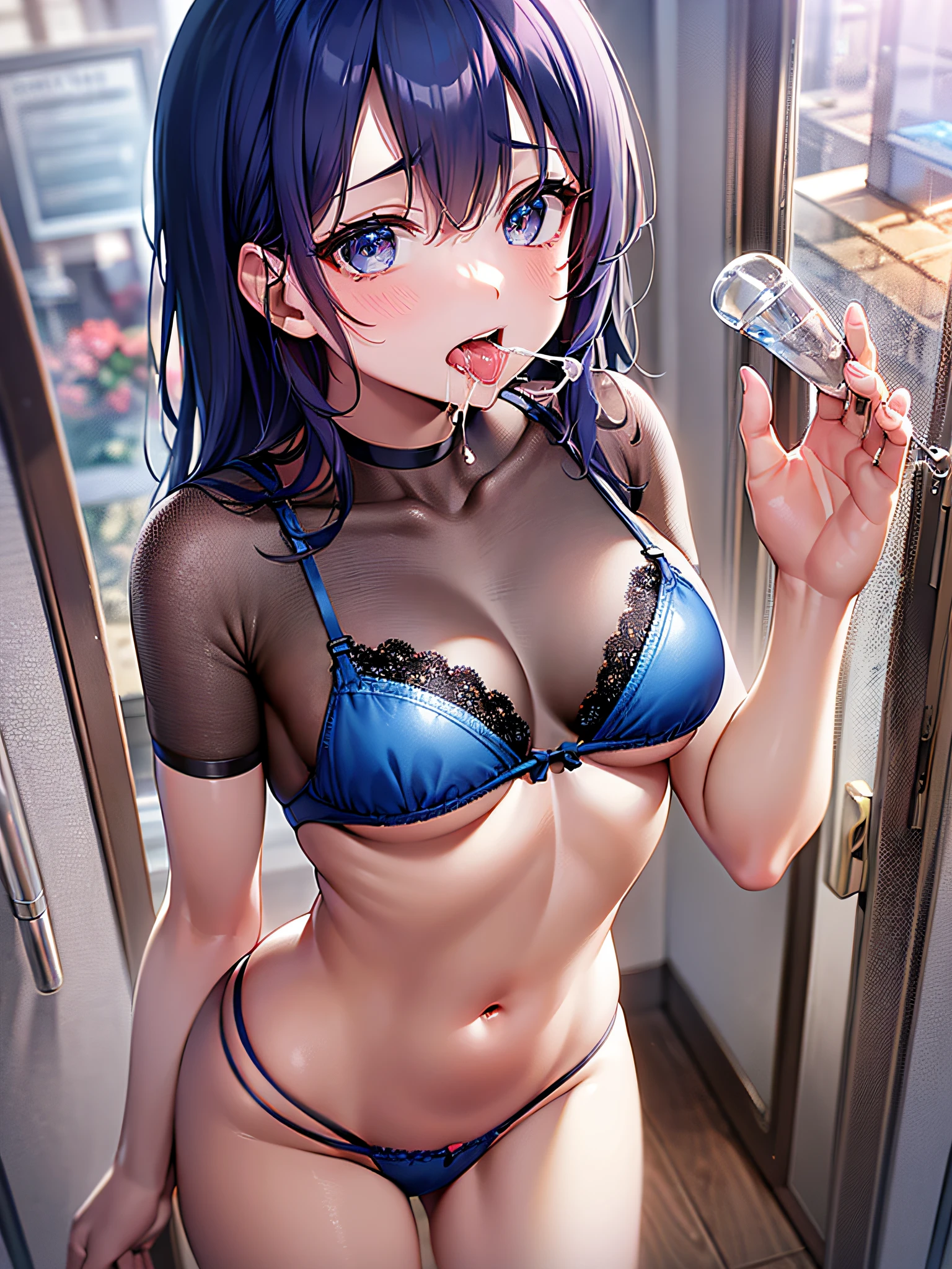 There is transparent male genitalia(obra prima、CG 8K altamente detalhado、lines sharp)、1 senhora bonita、Bery cabelo curto、(Detailed thin lace mini-bra、Calcinha t-back de renda azul azul detalhada)、olhos castanho-escuros、pequeno bonito、Um sexy、Downbrouse、(De cima、Pov:1.3)、agachando-se、desleixado、Foco Sface、boca bem aberta、 (oral 、seio :1.4)、espermatozoides faciais、sexual excitement、Blush nasal、mamilo ereto、Bukkake、((Holding the transparent male genitalia and sucking)、molhado e transparente、Small Hard Nipple Erection:1.4、 door、Olhe para o espectador、cheio de timidez、(corpo muito esguio、Seios pequenos)、clivagem da mama、