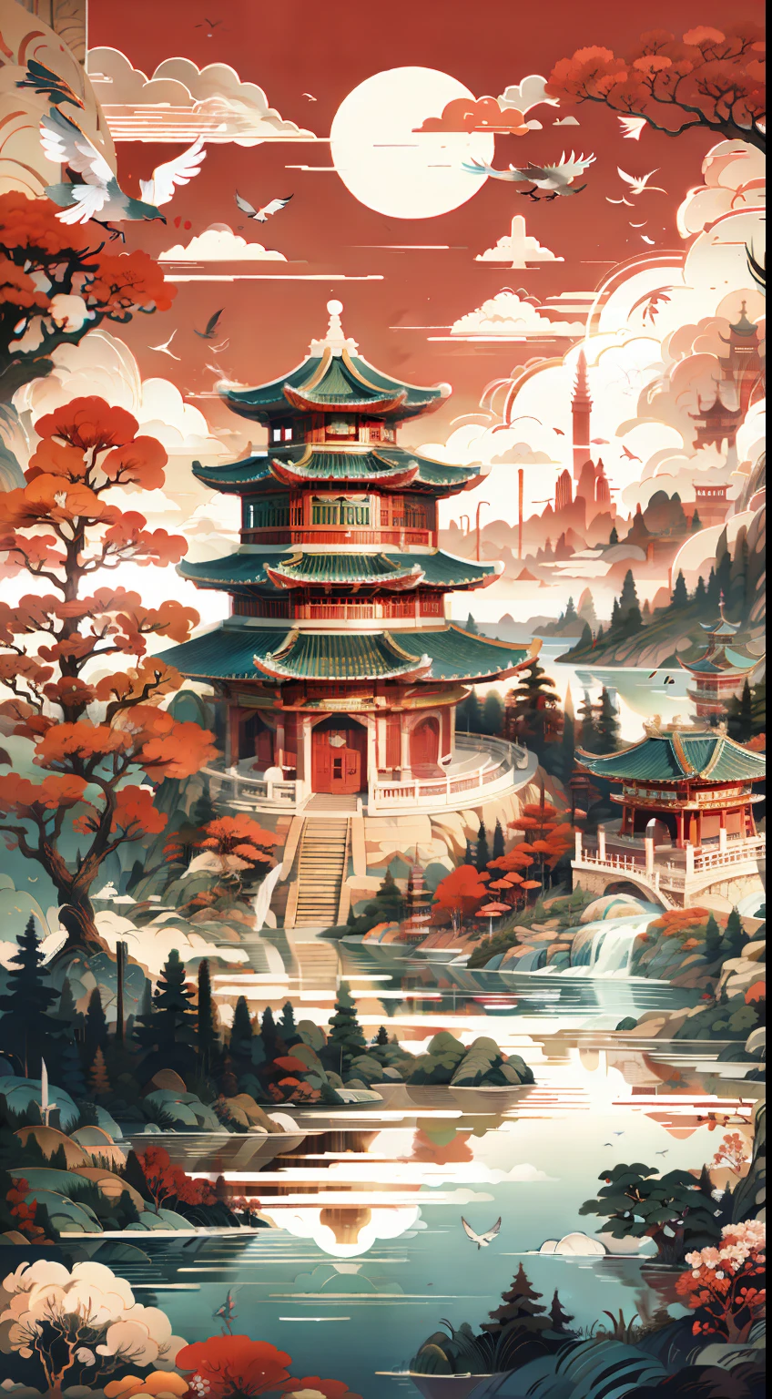 no humans, asian tree,scenery,architecture, fantasy arc,bird, Vulcan,cloud,outdoors,sun,lake,sky,nature, rain temple