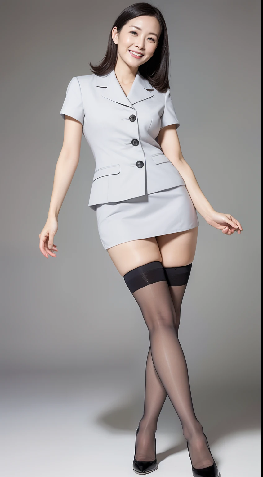 Masterpiece,Best quality, (maam. clerk:1), ((Portrait:1.3)), Cross arms, Smile,Gray professional wear,Long legs,skin hyper-detail,Clear pores,in a panoramic view,Cocked buttocks,black lence stockings,Beautiful young Japanese woman over 40 years old, Perfect face, Fantastic look, (Detailed facial features), Clean and nice face