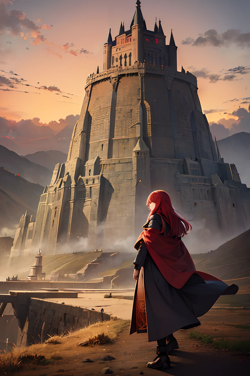 masutepiece, Illustration, ((Huge military Babel fortress made of carved stone standing in a remote desert land)), (Tower of Babel), Pale blue sky, Sunlight, Fog, Shadow, Stones and dark grass, Uninhabitable, Barren land, Nature, (mountainscape), Unsaturated, (Girl in dark blue coat standing in the distance and walking towards the castle), Medium length red hair, moscow, soviet union, (Dark dragon with glowing red eyes flying over the fortress)