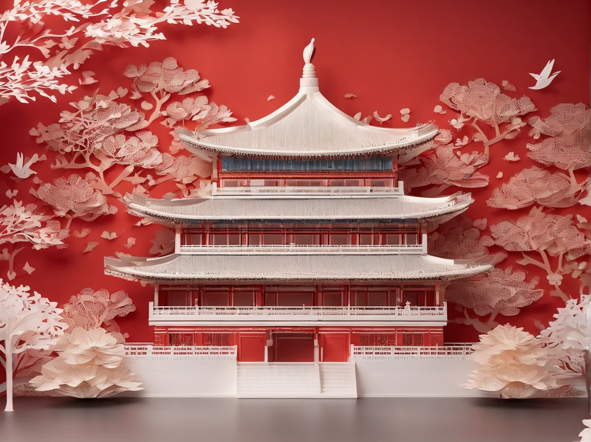 Masterpiece, In front of the Forbidden City, Children dressed in festive costumes cheered，suns，lanterns，Red flags flying，National Day atmosphere，In the style of paper art, painting of beautiful, A very complex masterpiece, Painted metal, A masterpiece of beautiful intricacies, multi-layer, mysterious