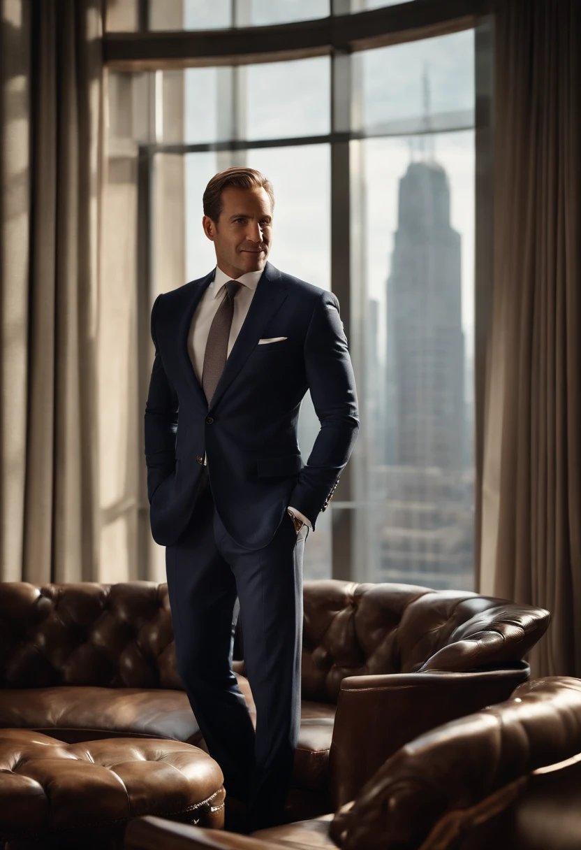 Portrait of a man in a suit, short American gradient, (Detailed eyes : 1.3), yeux marrons, personnage debout souriant, croise les bras, photo de profil, photo professionnel, merchant, avocat d'affaire, portant costume Ralph Lauren, (The surrounding environment is a luxurious and classic living room in a skyscraper) (Imagerie Sandtone) ultra realist, Bay window with views of buildings and skyscrapers of business district in the background