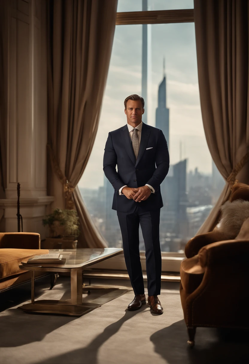 Portrait of a man in a suit, short American gradient, (Detailed eyes : 1.3), yeux marrons, personnage debout souriant, croise les bras, photo de profil, photo professionnel, merchant, avocat d'affaire, portant costume Ralph Lauren, (The surrounding environment is a luxurious and classic living room in a skyscraper) (Imagerie Sandtone) ultra realist, Bay window with views of buildings and skyscrapers of business district in the background