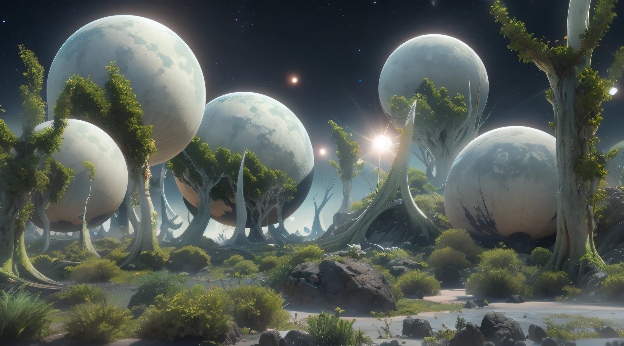 3D rendering of, fundo branco, Strange planet with strange beings and vegetation, obscuro,  melhor qualidade, Detalhes detalhados, Efeito de luz de filme, 4k, highes definition