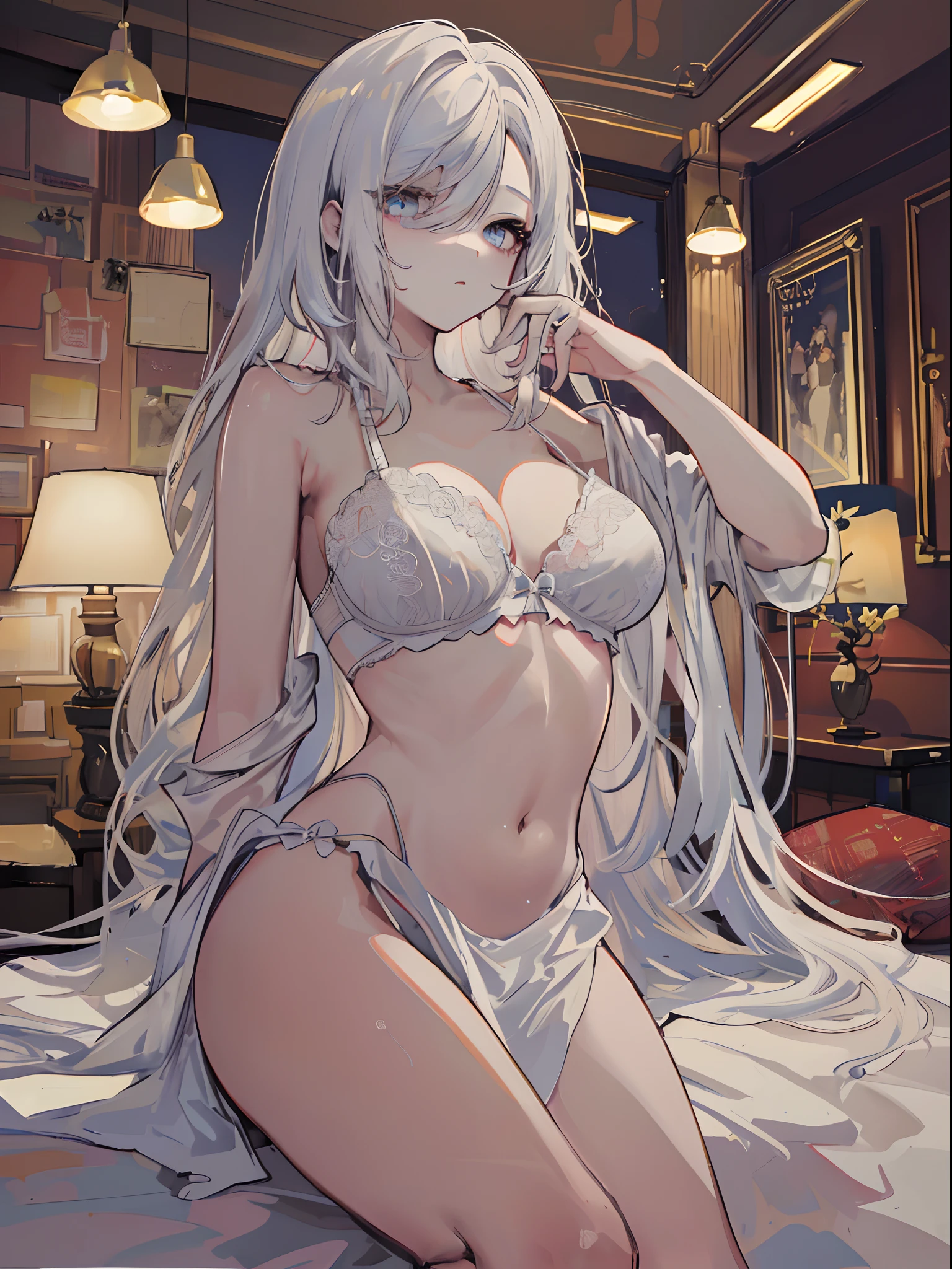 ((beautiful lighting, Best quality, 8K, Masterpiece: 1.3)), 1girl, Perfect body beauty, ((white hair)), (White dress: 1.4), black bra, (Indoor , night: 1.1), sexy pose (lie on the bed), Super Fine Face, Fine Eyes, naughty look