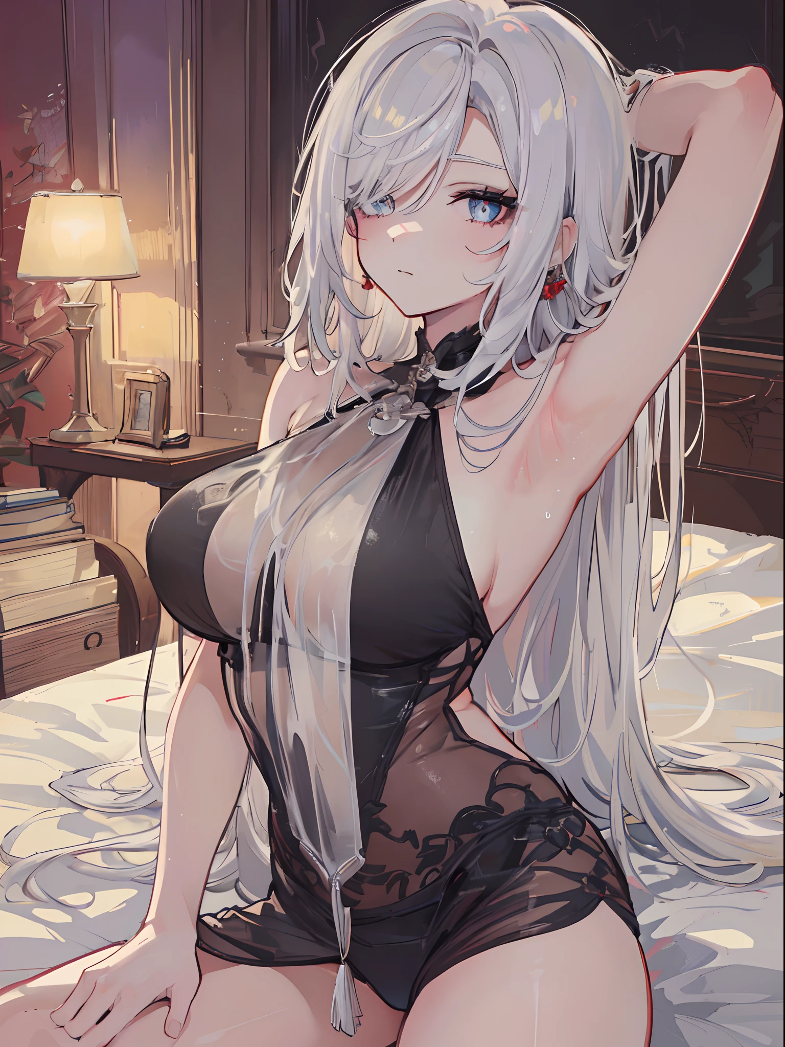 ((beautiful lighting, Best quality, 8K, Masterpiece: 1.3)), 1girl, Perfect body beauty, ((white hair)), (White+black dress: 1.4), (Indoor , night: 1.1), sexy pose (lie on the bed), Super Fine Face, Fine Eyes, naughty look