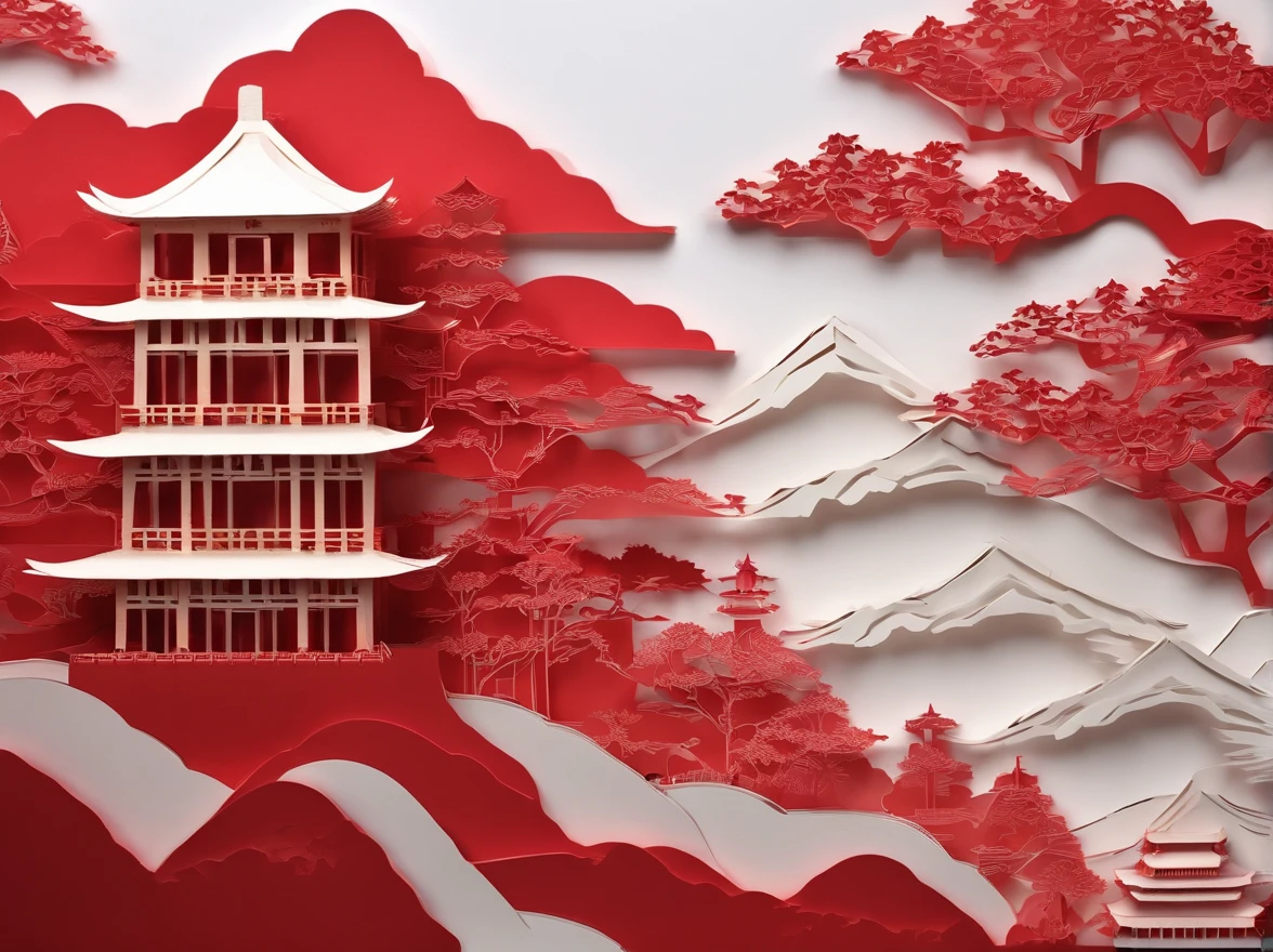 Great Wall of China, mountain peaks,suns,closeup cleavage,In the style of paper art, painting of beautiful, A very complex masterpiece, Beautiful and intricate red masterpiece,multi-layer, mysterious,