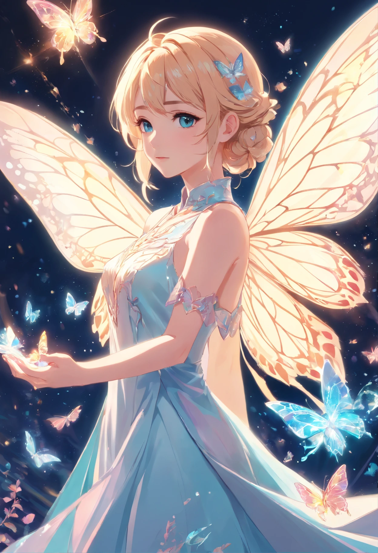 Holy Light Butterfly Angel Girl,Butterfly wings,Chest shooting(mcu),in the style of rococo pastel hues,light white and light red,Incredibly beautiful,SakuraNS,sparkling water reflections,combine,Flowing,hyper realisitc,painting of a,aethereal,Elsa Burda,stockphoto,Elements of mixed reality and fantasy,Ray traching,Intricate patterns,delicate linework,Pressed crystals,Exquisite hands