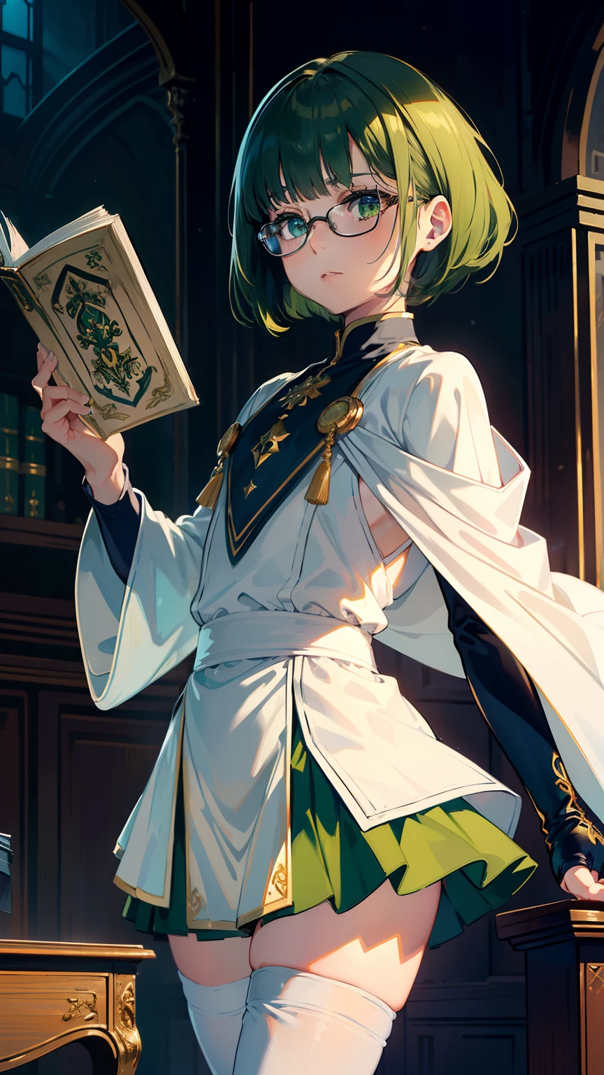 masterpiece, ultra detailed, 8k portrait, RAW photo, portrait photography, highly detailed face, beautiful and meticulous eyes, ((Fantasy)), Young beautiful, 10 years old, child, dynamic pose, (((short deep green bobbed hair))), blunt bangs, White skin color, glasses, Luxury, (((white robe))), (((navy long skirt))), (((dark thigh high tights))), high cut leather boots, ((holding magic book)), Midday Sun, hyper realistic, slender body, flat chest, Long legs, in the medieval magic classroom, Ambient lighting, Shadow details , Camera focus on face, strong breeze, Light fog