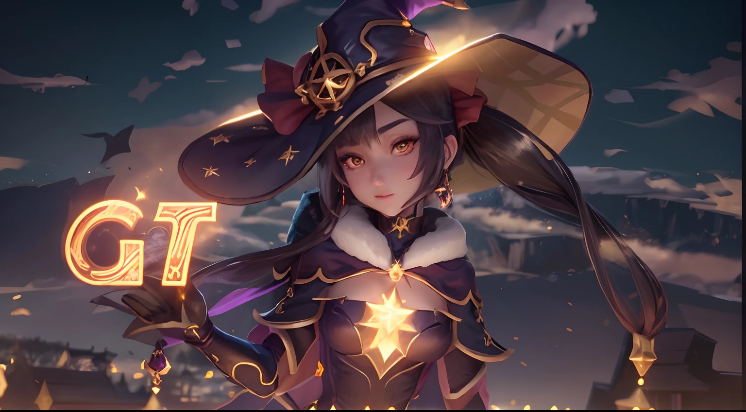 Distorted fantasy letters, Symmetrical, (Gold bars ), diamonds, a close up of a person wearing a hat and holding a wand, black - haired mage, ayaka genshin impact, portrait of a female mage, witch girl, sky witch, female mage!, popular isekai anime, female mage, ayaka game genshin impact, pretty sorceress, flirty anime witch casting magic, astri lohne, astral witch clothes