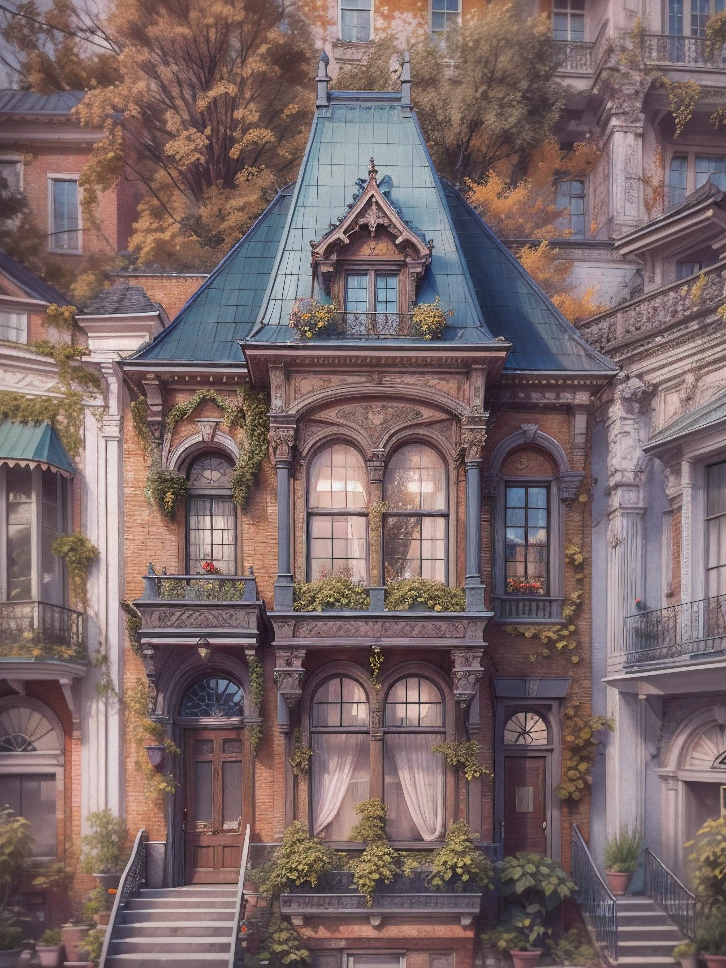 Victorian inspired three story house with a front garden. High definition, Photo detailed, specified, Watercolor, trending on artstation, sharp focus, studio photo, intricate details, highly detailed, 32k, vintage, photorealistic, sharpened, perfect details, sunny, ultra hd, realistic, vivid colors, highly detailed, UHD drawing, pen and ink, perfect composition, beautiful detailed intricate insanely detailed octane render trending on artstation, 8k artistic photography, photorealistic concept art, soft natural volumetric cinematic perfect light, trending on artstation, sharp focus, studio photo, intricate details, highly detailed