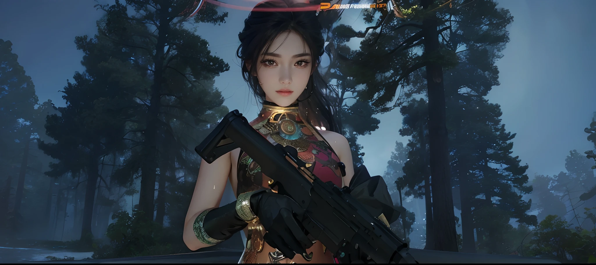 (Best quality, 8k, Masterpiece :1.3), (realistic, photorealistic: 1.37), (1girl), (Pretty woman in her 20s), (slim), (emphasizing slender abs :1.3), (Japanese),hold gun detailed,(random pose), (wet body), (long hair, random hairstyle), (large breasts :1.3), (outdoors), (Ultra-detailed face), (Detailed eyes), (Double eyelids), (eyeshadow intensifying), (many eyelashes), (long legs), (professional lighting), (photon mapping), (radiosity), (looking directly at viewer)