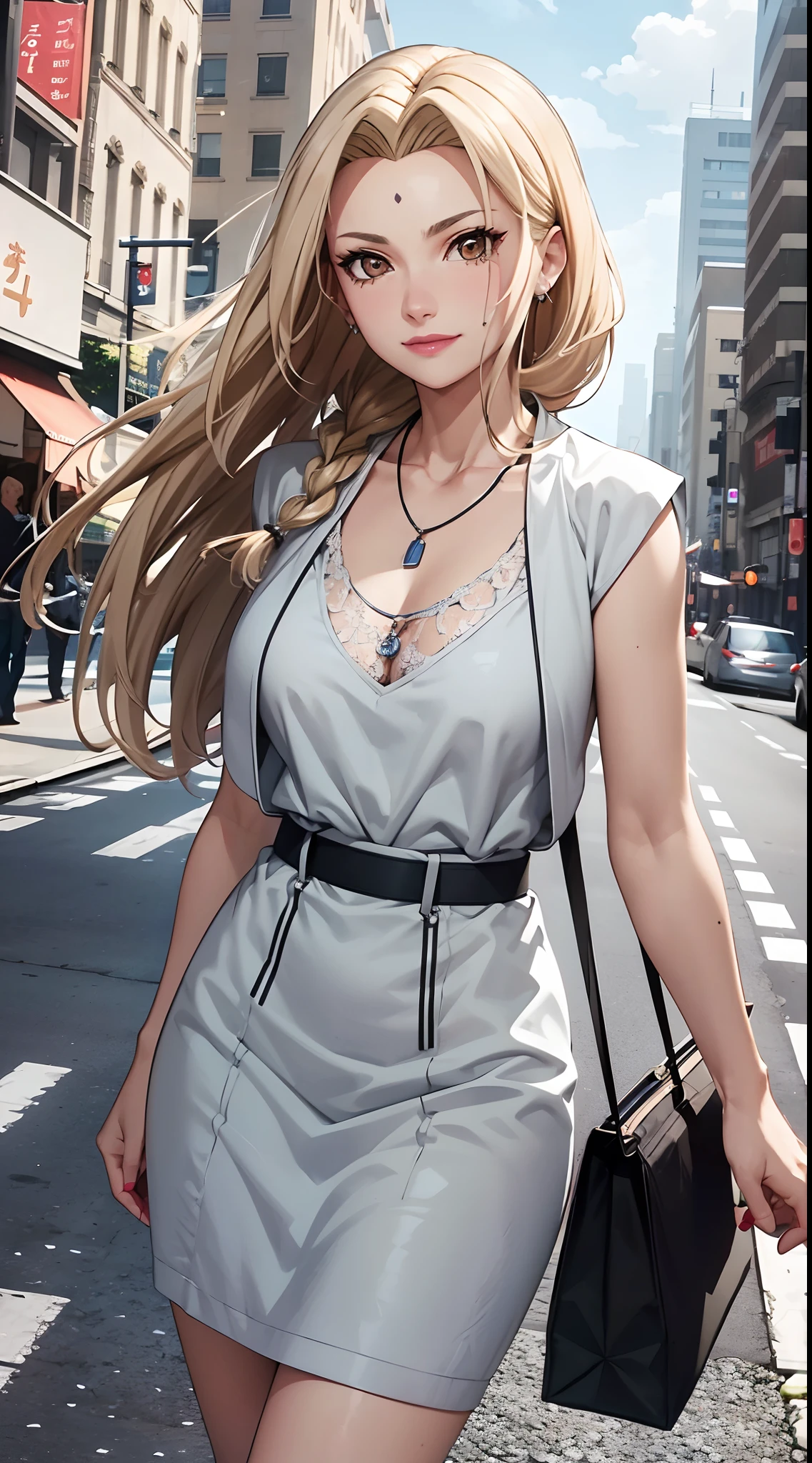 Good anatomy, Masterpiece, Best quality, 4K, 8K, Professional photography, Soft light, Sharp focus, street corner, Road,traffic light,Signage,1 girl, Leaning on the street sign, eventide,Hands-on shopping bags,falling leaf,Blonde hair,French twist braid,a white long skirt , stocklings,high-heels,beckon,Blonde hair, Bank spin-offs, Detailed face+Brown eyes, is playing happily,Laughing heartily, Beauty mole,lipstick, necklace,