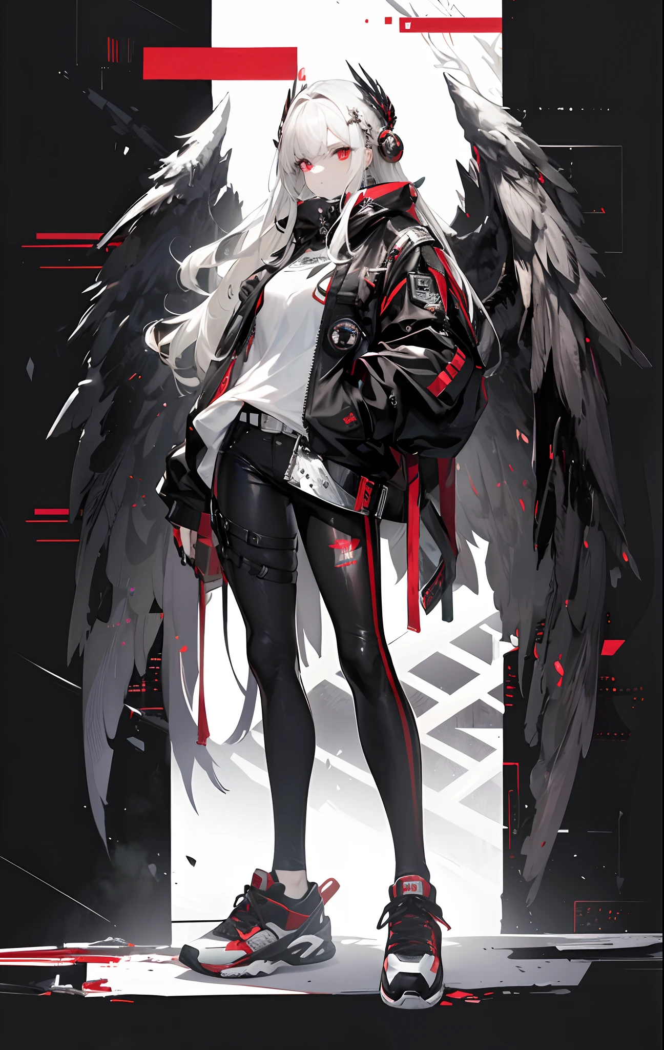 masterpiece,(bestquality),highlydetailed,ultra-detailed, pale hair:red eyes:1.5, expressionless, (Wing-like bangs), (Noticeable dullness)，(Dull hair)，(heavymetal:1.2), (metaljewelry), cross-lacedfootwear, (tight-fitting jacket), (tight-fitting pants), (belt), (sneakers)(long hair), (half-updo),assassin,(Hair rings)