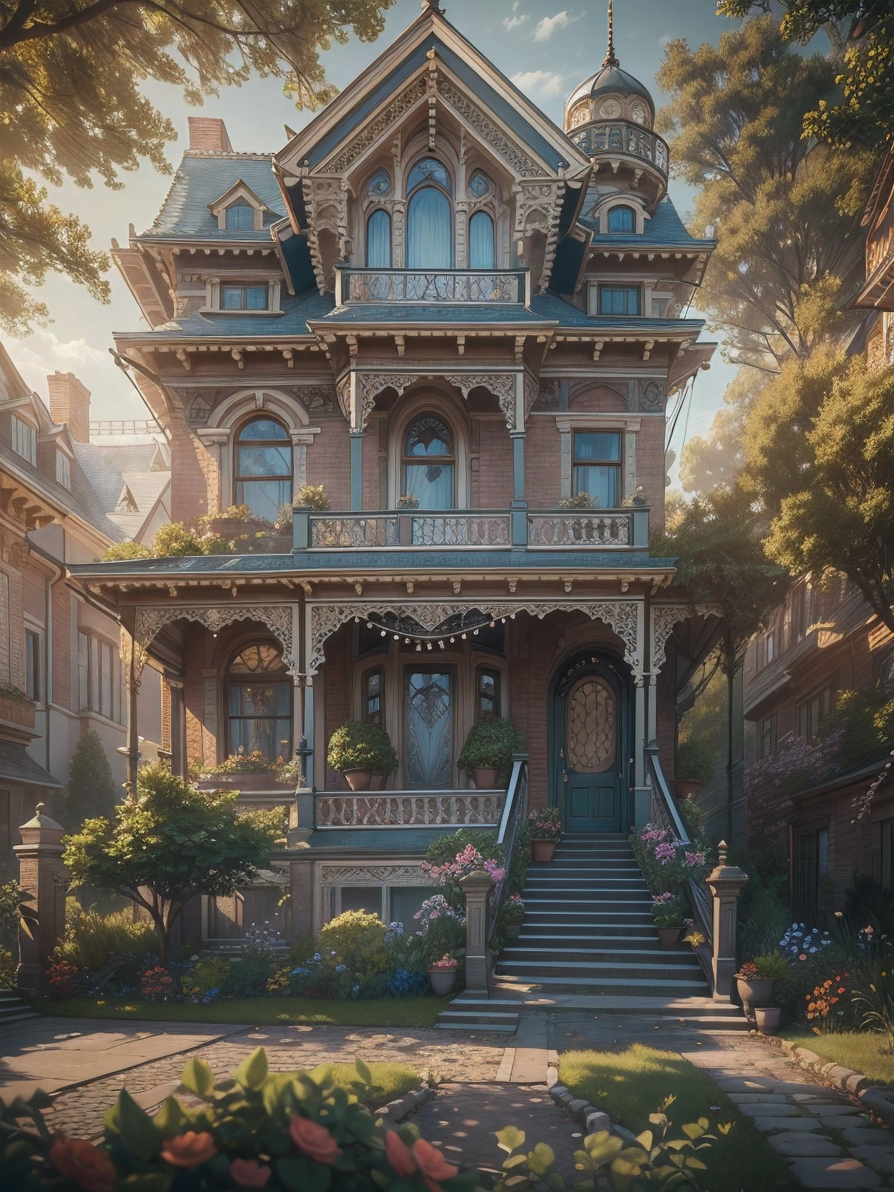 Victorian inspired three story house with a front garden. High definition, Photo detailed, specified, Watercolor, trending on artstation, sharp focus, studio photo, intricate details, highly detailed, 32k, vintage, photorealistic, sharpened, perfect details, sunny, ultra hd, realistic, vivid colors, highly detailed, UHD drawing, pen and ink, perfect composition, beautiful detailed intricate insanely detailed octane render trending on artstation, 8k artistic photography, photorealistic concept art, soft natural volumetric cinematic perfect light, trending on artstation, sharp focus, studio photo, intricate details, highly detailed