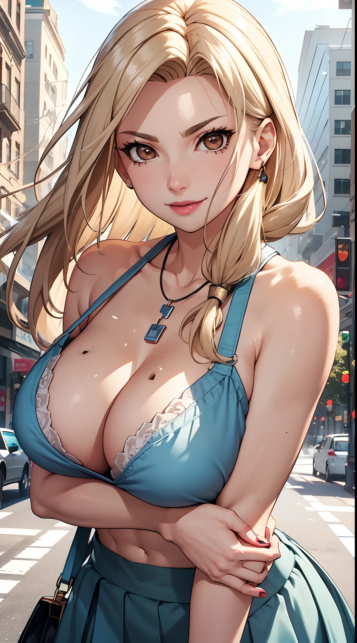 Good anatomy, Masterpiece, Best quality, 4K, 8K, Professional photography, Soft light, Sharp focus, street corner, Road,traffic light,Signage,1 girl, Leaning on the street sign, eventide,Hands-on shopping bags,The breeze blows through,falling leaf,Blonde hair,long skirt , stocklings,Flip-flops,Blonde hair, Bank spin-offs, Detailed face+Brown eyes, is playing happily,Laughing heartily, Beauty mole,lipstick, necklace, huge tit,
