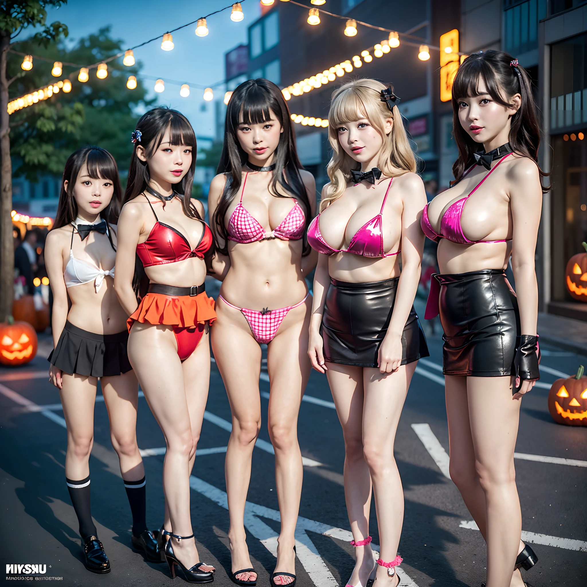 (((SFW, NSFW STILL SHOW, 12 Tiny Girls in a row:1.2, Shibuya Hachiko-mae scramble crossing on Halloween:1.2))), (masterpiece:1.2, best quality, photorealistic:1.37), {(Standing Full Body:1.2)|(from below:1.2)}, short silver hair, {((slingshot swimsuit))}, ((Detailed KAWAII face, Detailed Oily Porcelain skin)), {Bustling street|(Passerby schoolgirls)| halloween| neon}, {(Childish:1.2|Gigantic Cleavage:1.37|Underboob:1.2)}, {flower wreath|Red leather high collar}, {Floating hair|Strong wind|(((Ass focus)))}, {(Kissing face to face)|:p|:d|laugh|sparkle|joyful|delighted}, {extremely Detailed|clear focused|bokeH|Smooth shading},