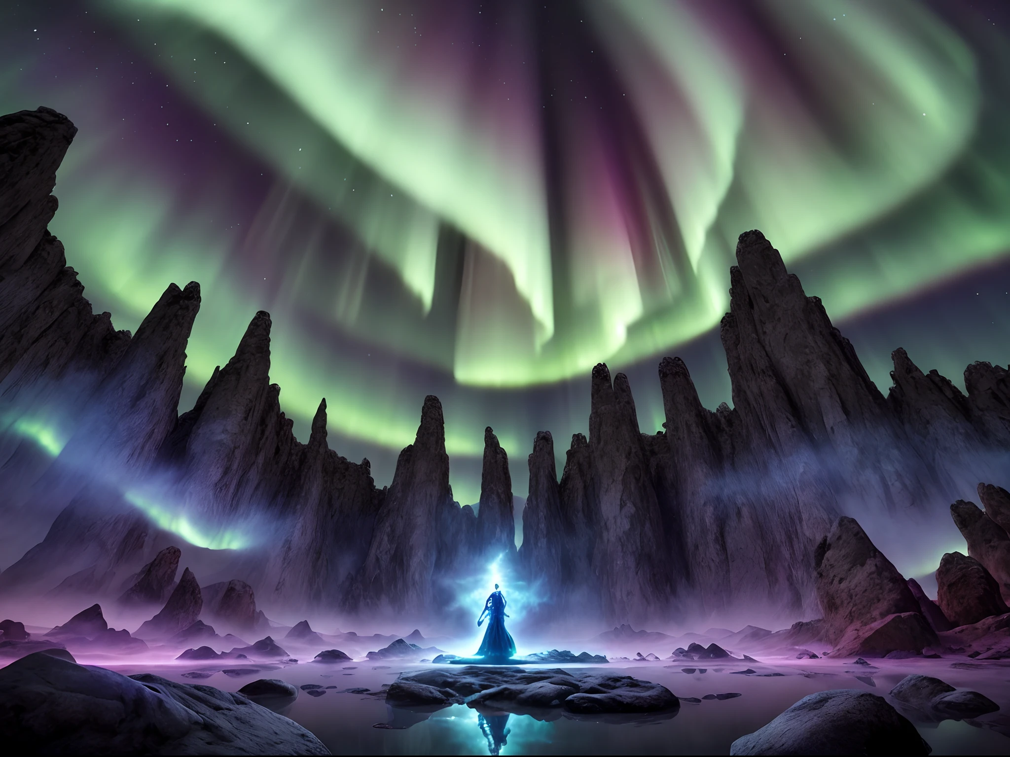 Prompt 4: Witness a captivating 3D depiction capturing a mystical moment in time, as a wizard delves into the depths of mesmerizing spellcasting. Against the backdrop of a sky ablaze with the ethereal beauty of an aurora borealis, the scene unfolds with the wizard's hands intricately maneuvering through ancient magical motions. Every movement reveals the wizard's mastery of the arcane arts in this stunning visual spectacle.
