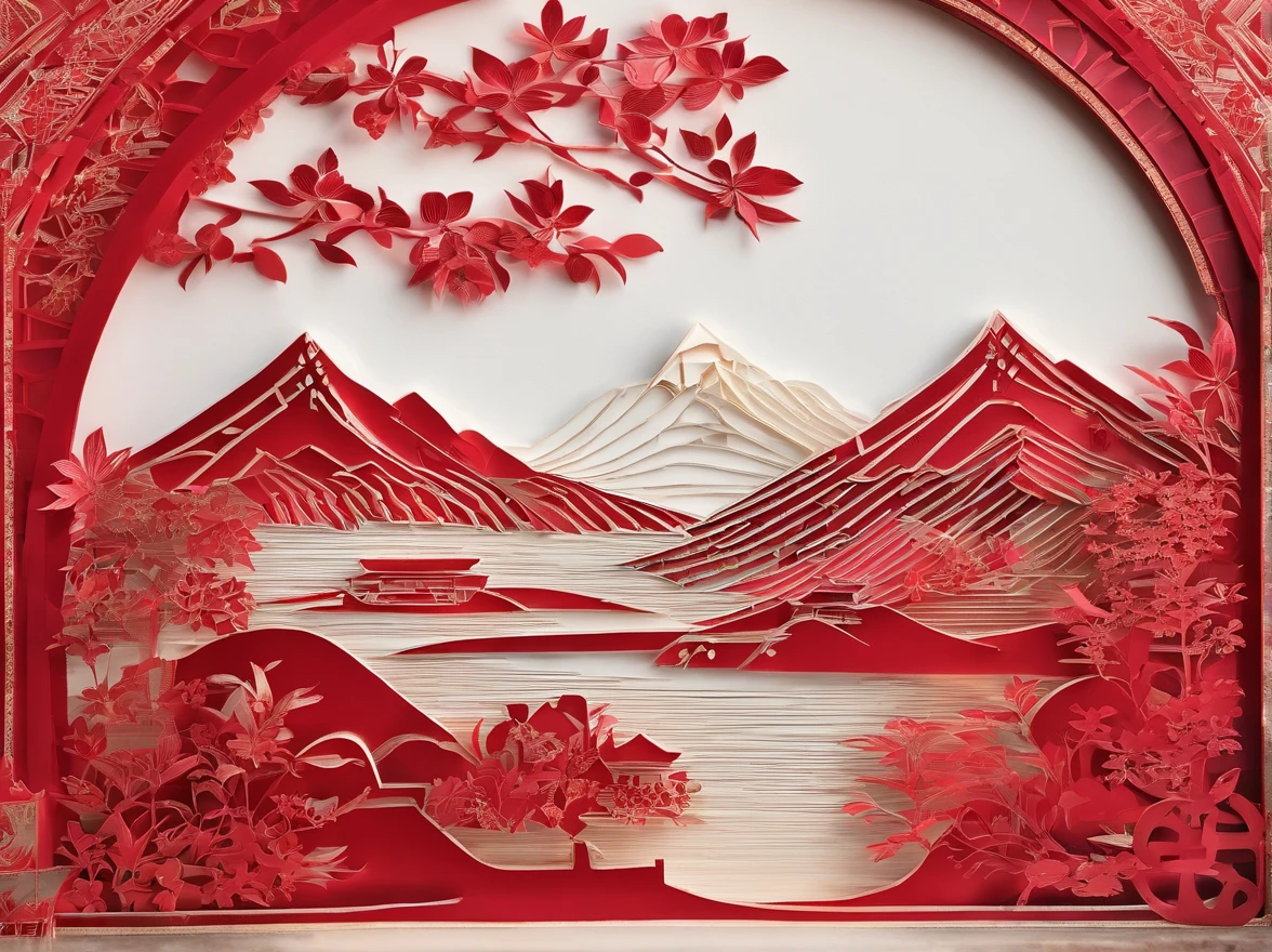 Great Wall of China, mountain peaks，（suns：1.5），closeup cleavage,In the style of paper art, painting of beautiful, A very complex masterpiece, Beautiful and intricate red masterpiece,multi-layer, mysterious,