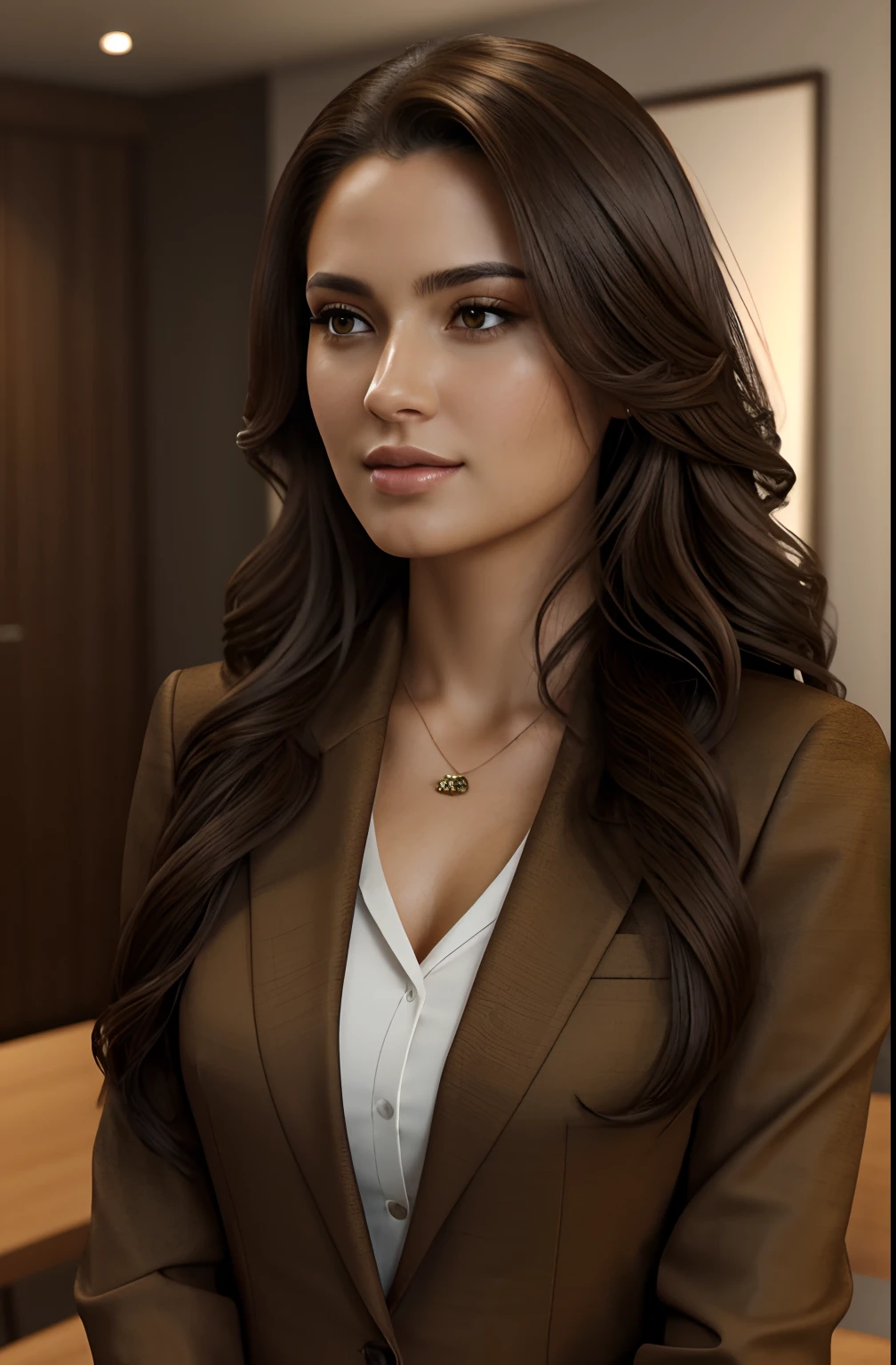 1 adult female, The long-haired, curlyhair, Dark hair, slick skin, brown-eyed, smil, vegetation, idol, Business woman style clothes, Light Brown Blazer, realist, Have a fine dining background, super realistic 8K, super detailed and realistic