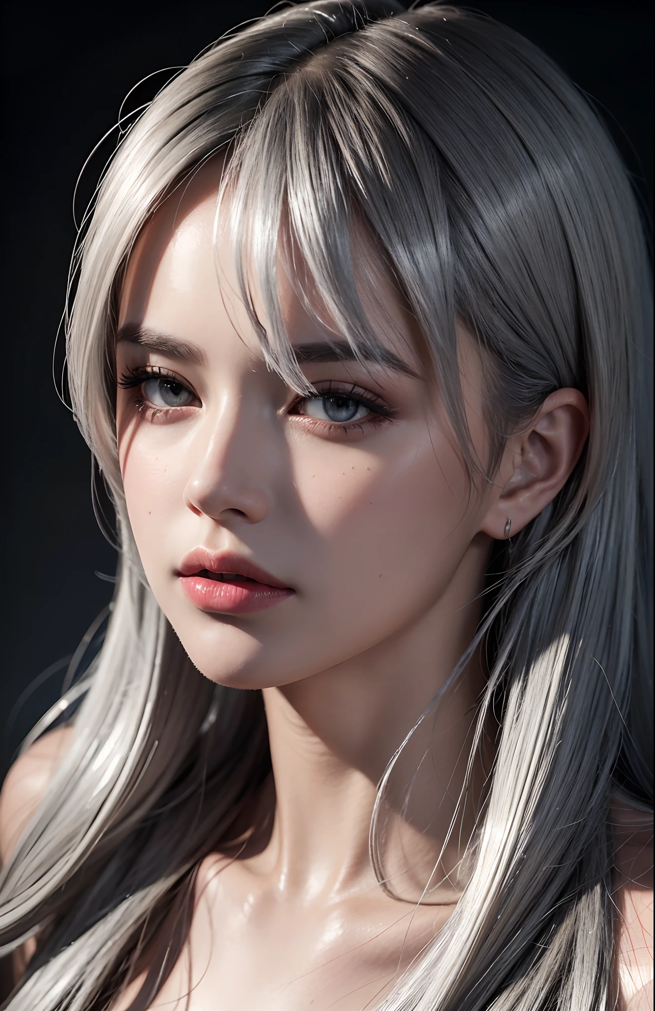 Best quality, masterpiece, ultra high res, (photorealistic:1.4), raw photo, 1girl, silver hair, shiny skin, dramatic lighting