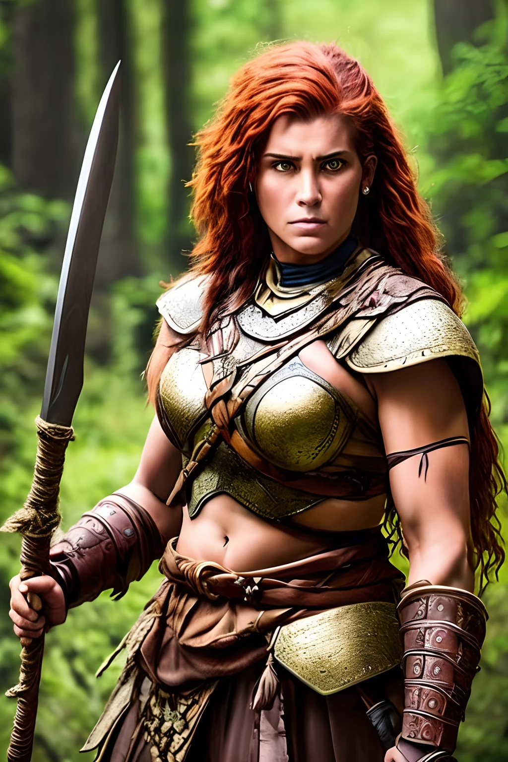 Arte inspirada John Buscema,um close up de uma mulher em um traje com uma espada, Princesa ruiva em armadura vermelha pesada, uma mulher berserker muito bonita, female redhead templar, dungeons and dragons character, barbarian woman, Guerreira do Norte, Matilda Lutz, very beautiful female barbarian, Guerreira jovem do norte, portrait of a barbarian woman, barbarian warrior woman, d & d personagem de fantasia