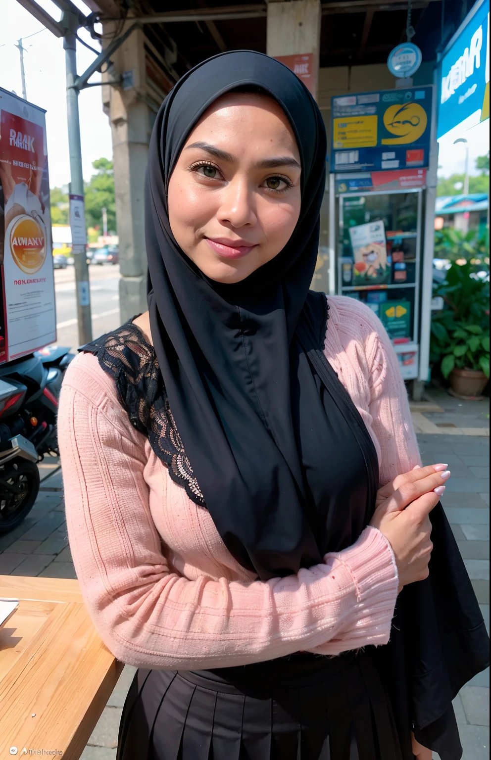 Half body portrait of a 33 years old malay woman sit in front of giant mirror, wearing hijab, wearing peach blouse with satin green slack, narrow waist, indoor shot, looking up at coffee shop sign, soft lighting, smirk face, circle bokeh , big breast, catwalk, morningtime, surrounded by a comfortable, cool atmosphere, looking at the viewer. (Skin details:1.3), hairy hands, Hijab, plump, red lips, seductive with bokeh camera background