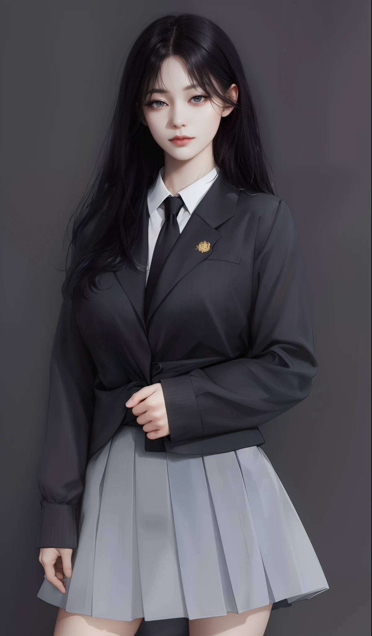 (absurdres, highres, ultra detailed),   1girl, ((())), mature,   love,  hug, upper body,  gold and black hair, wearing alma mater  , white shirt, black tie and beautiful, wearing a skirt