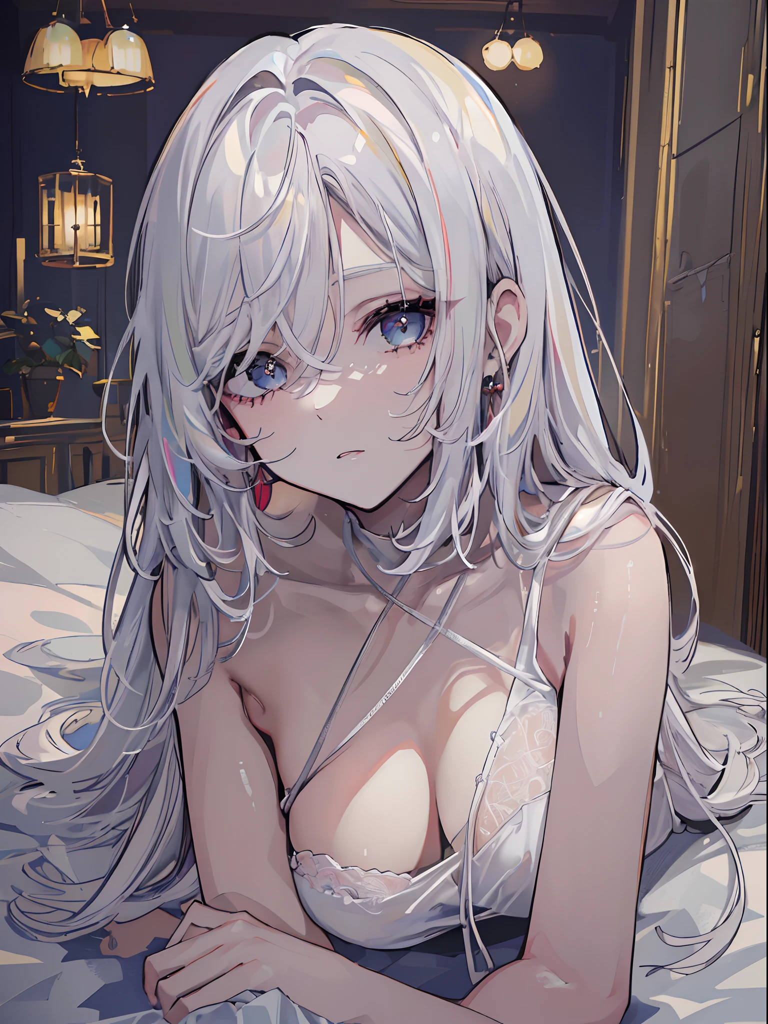 ((beautiful lighting, Best quality, 8K, Masterpiece: 1.3)), 1girl, Perfect body beauty, ((white hair)), (White dress: 1.4), black bra, (Indoor , night: 1.1), sexy pose (lie on the bed), Super Fine Face, Fine Eyes, naughty look