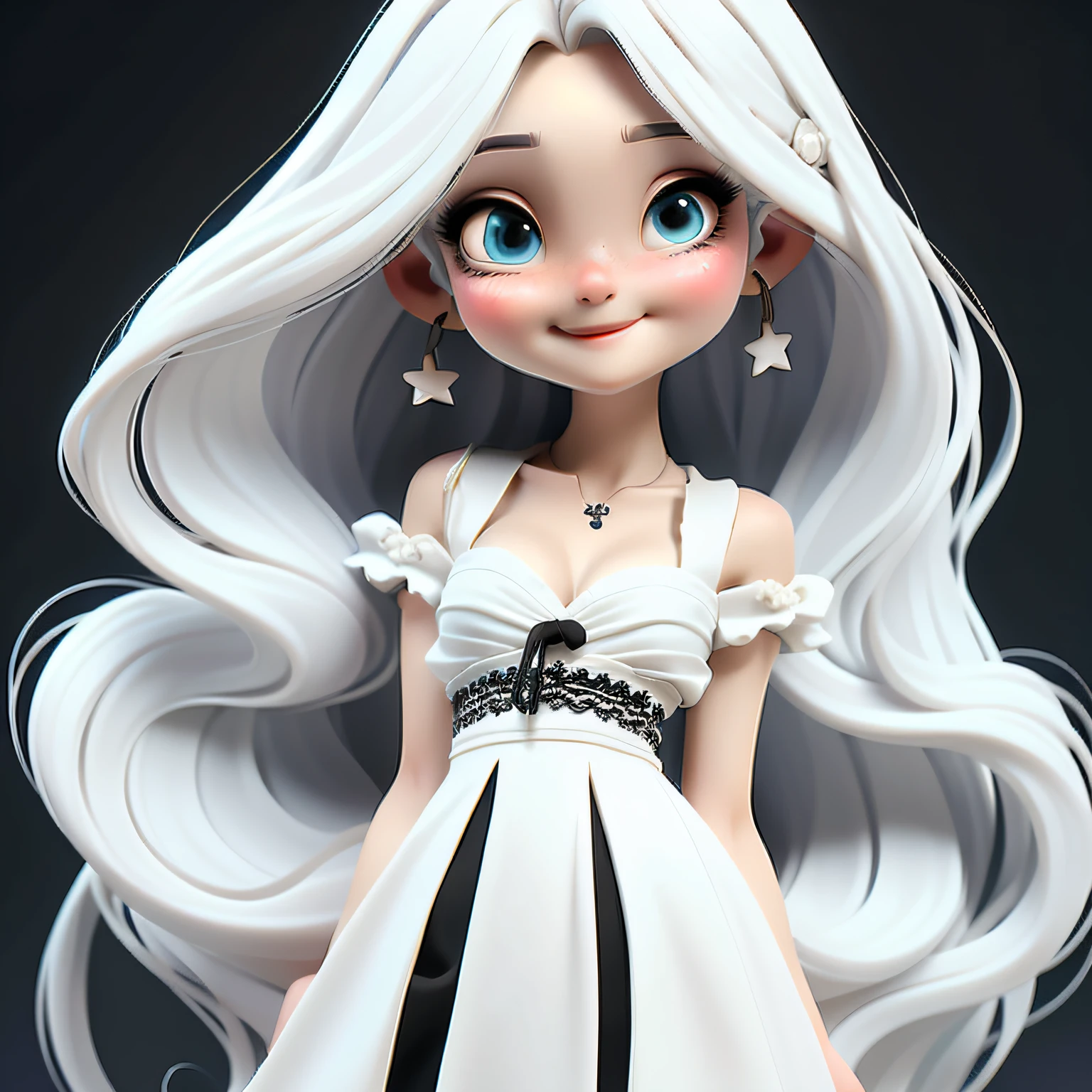 1girll， long whitr hair， eBlue eyes， 耳Nipple Ring，  独奏， Long white dress， looking at viewert， black color hair， ssmile，short detailed hair， Star hair ornaments，  cparted lips，Pose poss