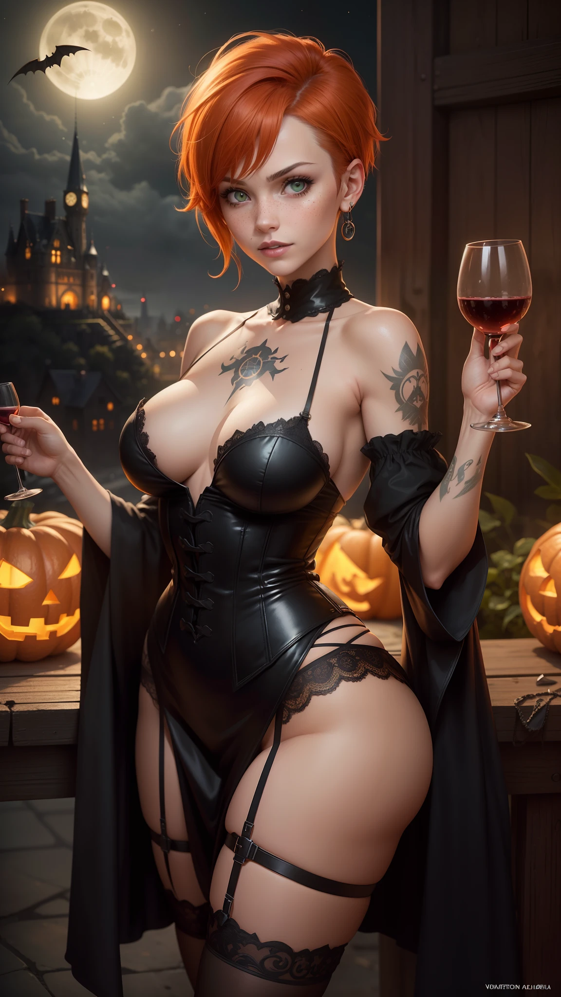 gwen tennyson,tracer,bulma,rebecca chambers,nier automata,solo girl,close up,moonlight,gothic ta,victorian steampunk skirt,pirate corset,carnival dress,red neck jewelry,body tattoos,garter belt,short hair,blood earrings,night gown,holding a wine glass,pumpkin village,halloween castle,bats,gothic makeup,glowing pumpkin,green eyes,orange hair,shy smile,freckles,redhead,beautiful girl,large breasts,stockings,gothic boots,ultra detailed,realistic,fantasy art,