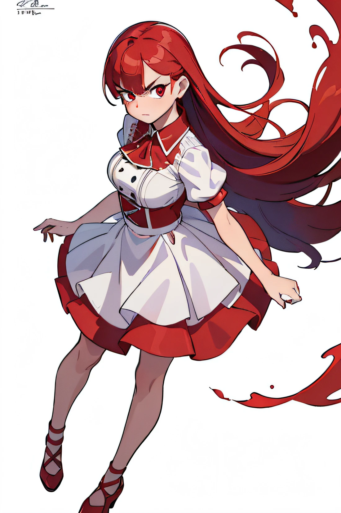 (best quality,4K,8K,highres,masterpiece:1.2),ultra-detailed,(realistic,photorealistic,photo-realistic:1.37),red hair,red eyes,angry expression,furrowed brows,clean pure white background,full body standing shot,illustration,facing the viewer,eye contact,exquisite clothing,flames surrounding,full body pose,girl,elegant attire,dress