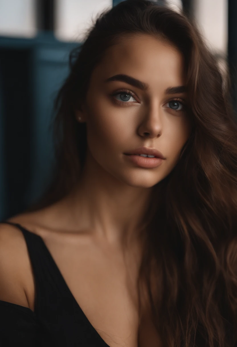 arafed woman topless, sexy girl with brown eyes, portrait sophie mudd, brown hair and large eyes, selfie of a young woman, bedroom eyes, violet myers, without makeup, natural makeup, looking directly at the camera, face with artgram, subtle makeup, stunning full body shot, in bedroom
