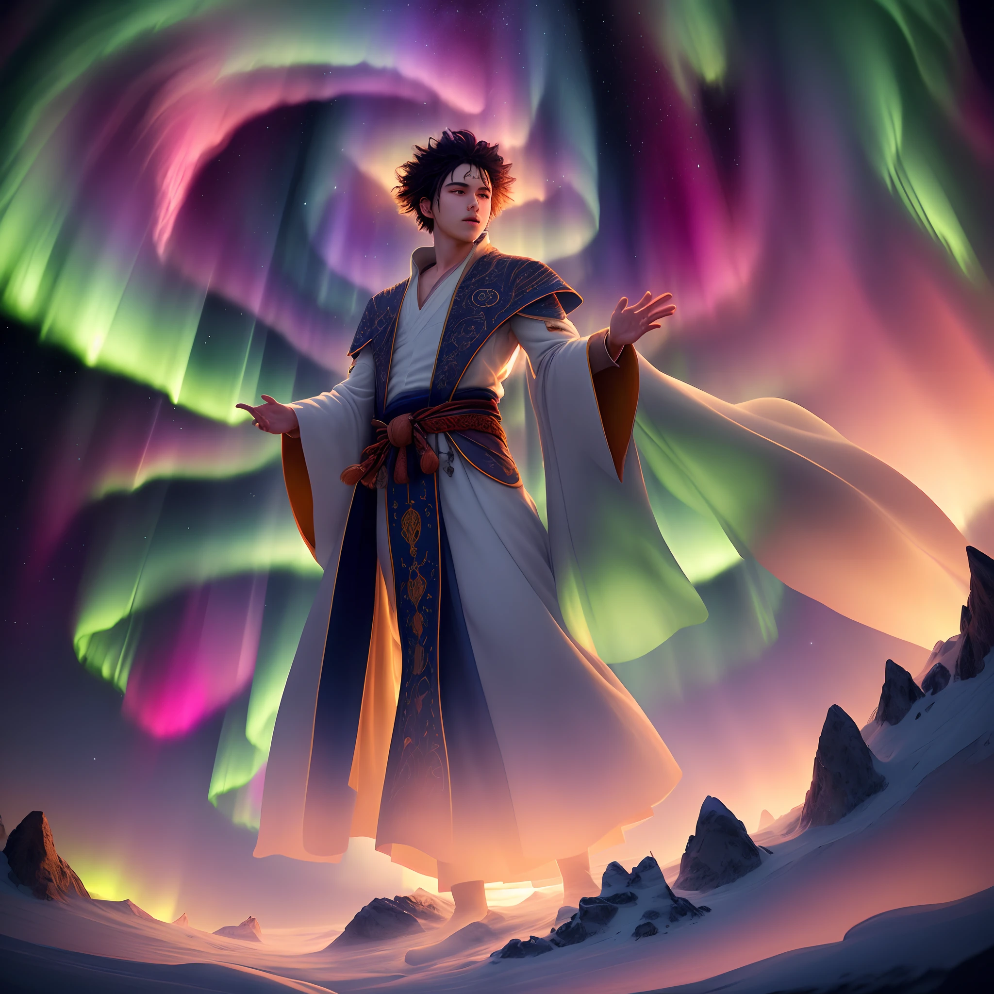 Prompt 3: Transport yourself into a spellbinding 3D visual where a skilled wizard, donned in traditional robes, expertly showcases a mesmerizing display of ancient magic. Underneath a celestial canopy painted with the breathtaking hues of an aurora borealis, the wizard's hands gracefully move through intricate gestures, leaving wisps of mystical energy in their wake.