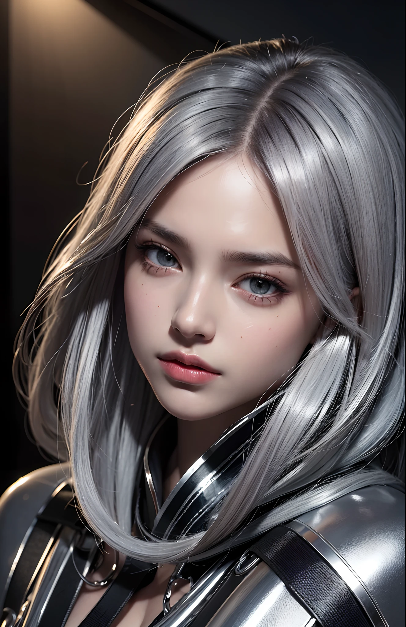 Best quality, masterpiece, ultra high res, (photorealistic:1.4), raw photo, 1girl, silver hair, shiny skin, dramatic lighting