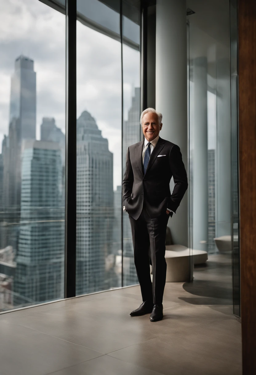 Portrait of a man in a suit, short American gradient, (detailled eyes : 1.3), yeux marrons, personnage debout souriant, croise les bras, Photo de profil, photo professionnel, homme de bureau, homme d'affaire, horizon (skyline new-yorkaise), merchant, avocat d'affaire, portant costume Ralph Lauren, (In front of the bay window of an office in a skyscraper) (Imagerie Sandtone) ultra realist, Floor-to-ceiling window with views of the buildings and skyscrapers of the business district in the background