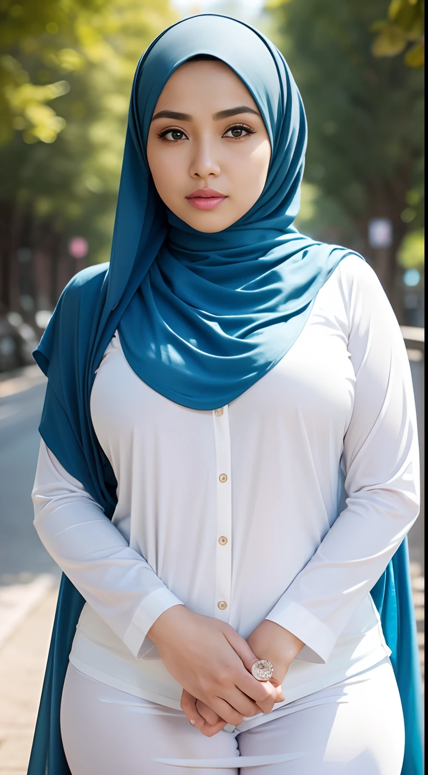 RAW, Best quality, high resolution, Masterpiece: 1.3), Beautiful Malay woman in hijab, Masterpiece, Perfect slim body, (Big breasts), Beautiful big eyes, Soft smile, Wearing a long, fine knit turtleneck t-shirt,Hair tie, morning walk, City park, Good lighting, Bright colors, Clean linesclose up image of a Malay woman wearing a hijap in a white shirt and blue shawl, wearing a white hijab, wearing a blouse with white sleeves, clear curved details, a seamless white tights suit, open chest v shirt, open jacket wide cleavage, the shirt is touching, beautiful design, close photo up half body, close up photo, attractive feminine curves, wearing a shirt, hijab, revealing clothes