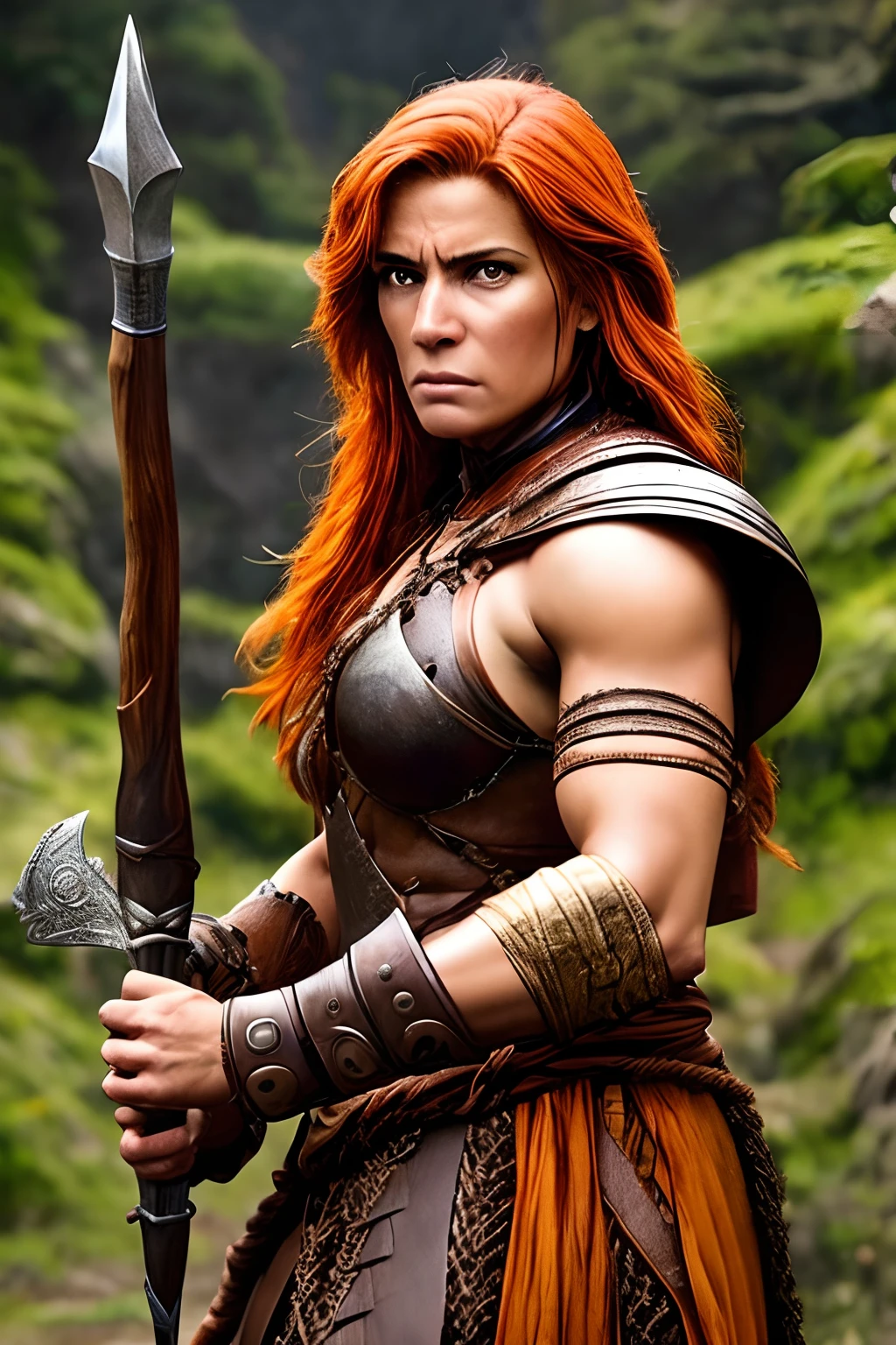 Arte inspirada John Buscema,um close up de uma mulher em um traje com uma espada, Princesa ruiva em armadura vermelha pesada, uma mulher berserker muito bonita, female redhead templar, dungeons and dragons character, barbarian woman, Guerreira do Norte, Matilda Lutz, very beautiful female barbarian, Guerreira jovem do norte, portrait of a barbarian woman, barbarian warrior woman, d & d personagem de fantasia