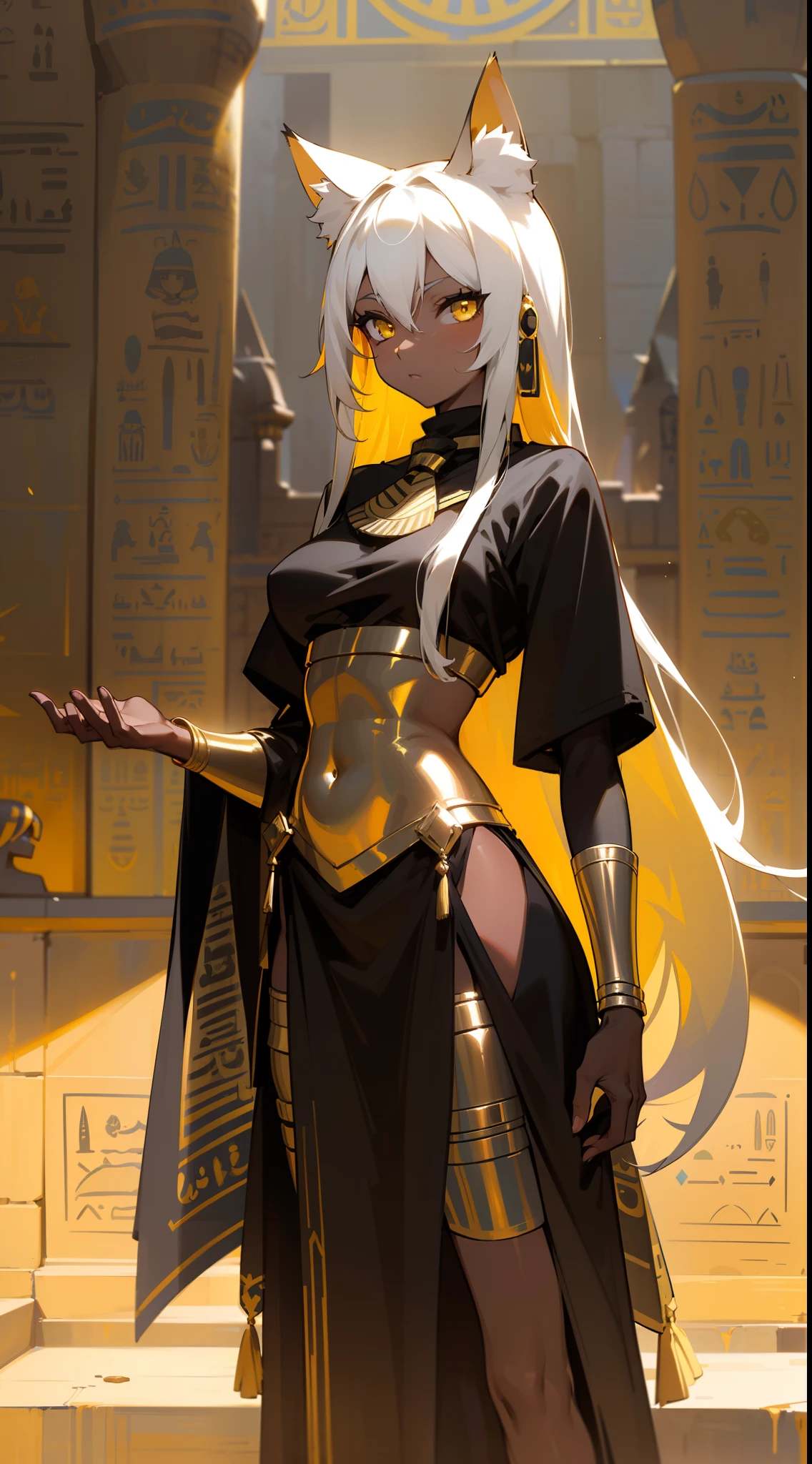 (Original Character,8k, Masterpiece, Best Quality,Detailed, Beautiful Detailed Eyes, solo),1girl ,20s,neutral face, egypt black ande golden outfit,medium tits,white hair,long hair,yellow eyes,Cat ears,((standing in a castle in egypt)),(colored skin,Extremy black skin,vanta black skin color),cowboy shot,