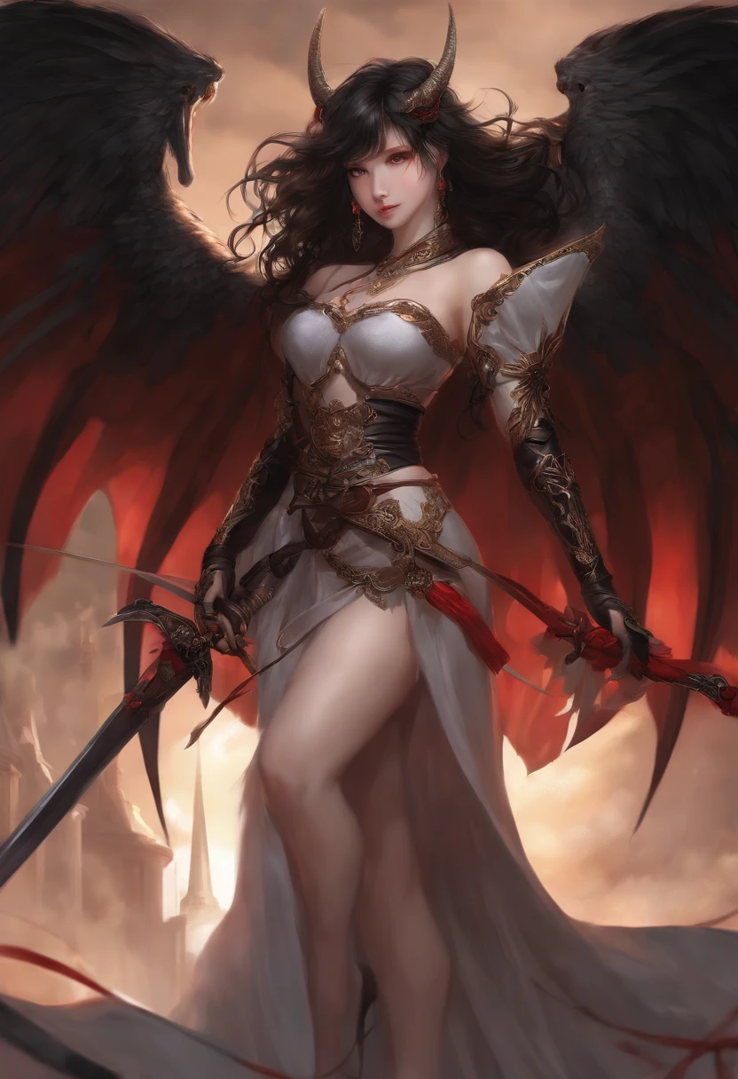 (masterpiece), (best quality), (detailed), light layer, lustrous skin, (intricate detailed , taut clothes, , demon wings,hair ornament :1.2), from above, black hair, black choker, long hair, hime cut, woman, blunt bangs, sidelocks, red eyes, holding quarterstaff,holding scythe,holding sword, (mature female:1.1), [uncensored, NSFW, nipples], side-ponytails  (simple background:1.1),