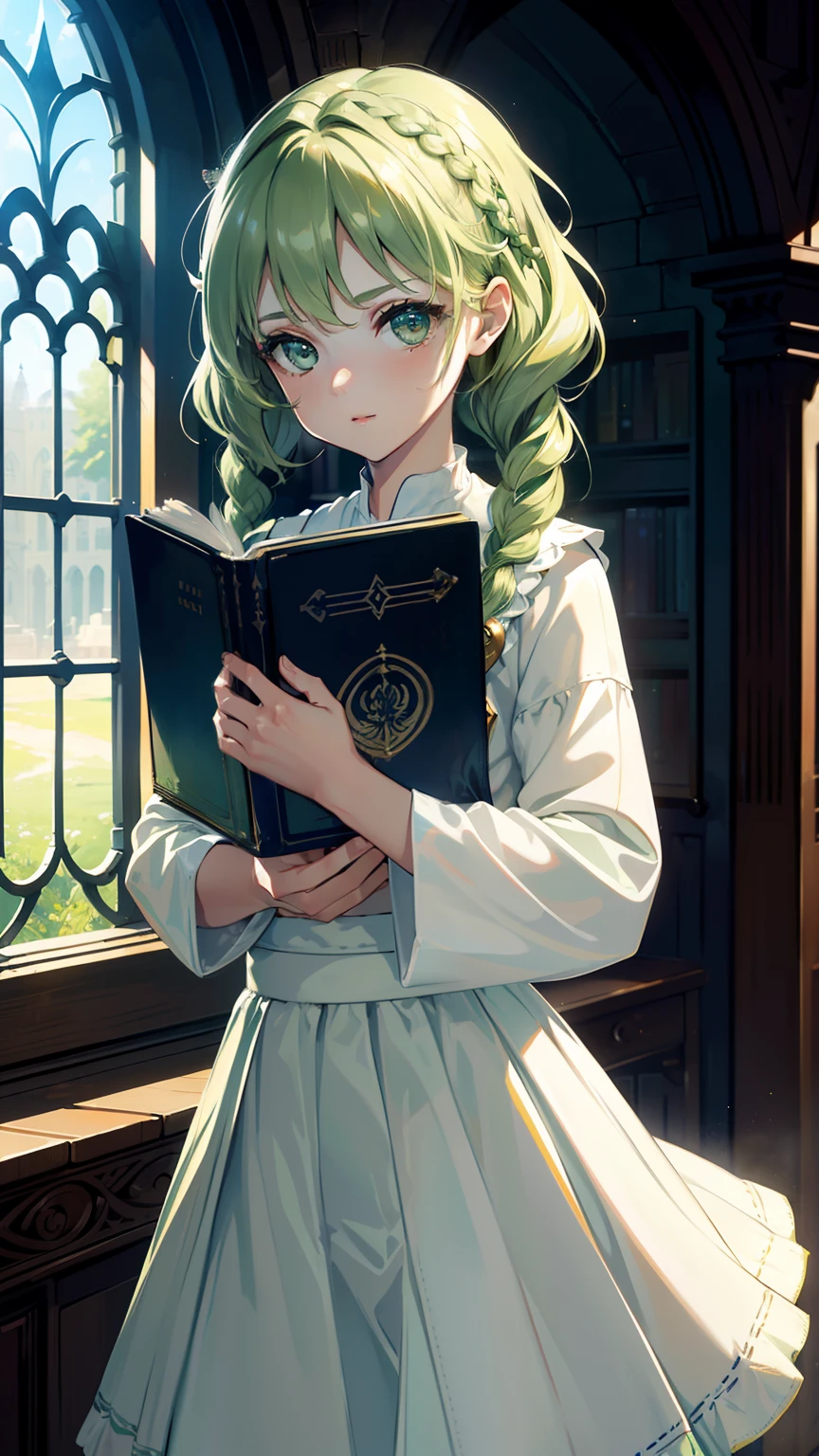 masterpiece, ultra detailed, 8k portrait, RAW photo, portrait photography, highly detailed face, beautiful and meticulous eyes, ((Fantasy)), Young beautiful, , (((drooping eyes))), dynamic pose, (((short wavy light green hair))), ((braided twin tail)), parted bangs, White skin color, Luxury, (((white tunic))), (((navy maxi skirt))), high cut leather boots, ((holding magic book)), Midday Sun, hyper realistic, slender body, flat chest, Long legs, in the medieval magic classroom, Ambient lighting, Shadow details , Camera focus on face, strong breeze, Light fog