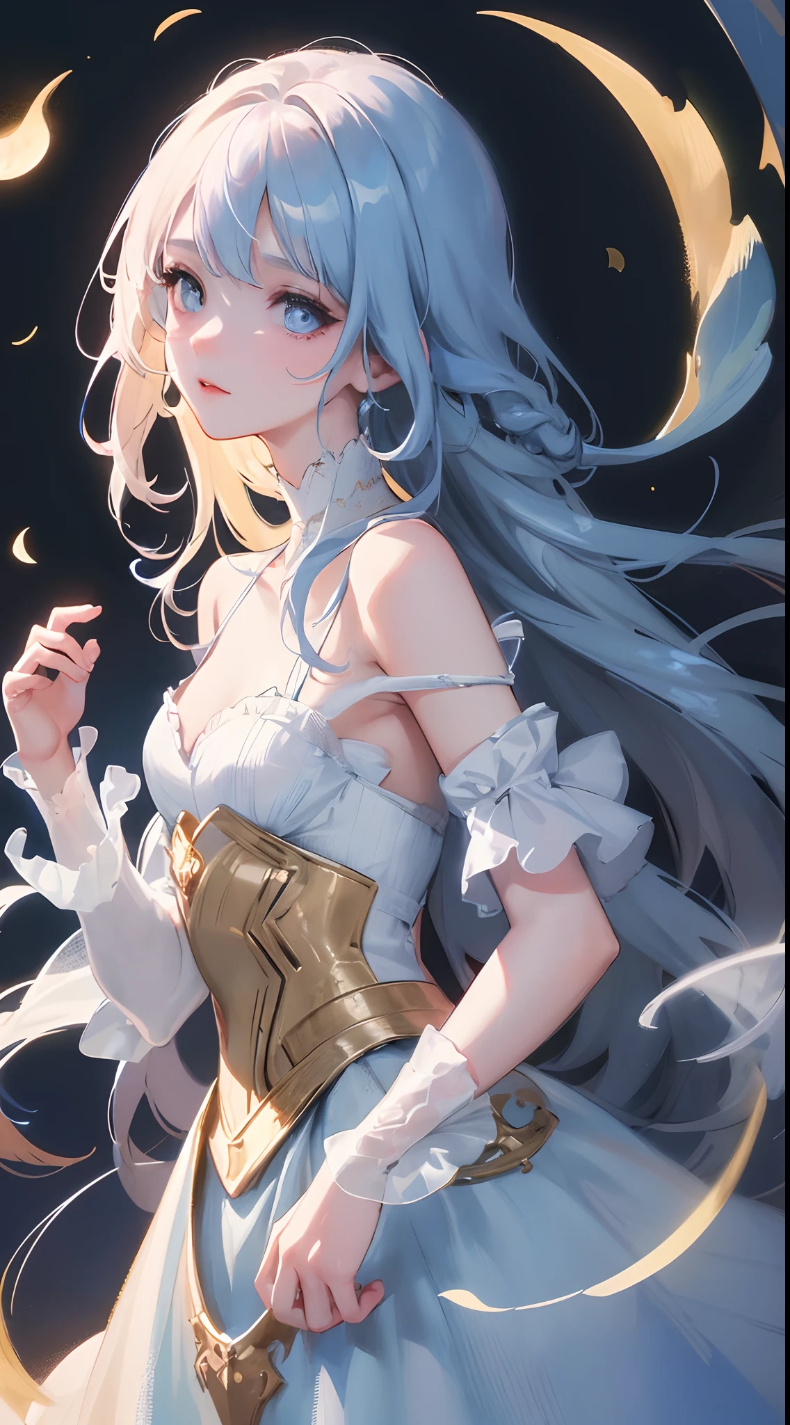 There is one girl,Beautiful dress,Long hair,the night,themoon,glowworm,As estrelas,indie game concept art, A beautiful artwork illustration, illustration concept art, Comfortable, dreamlike digital painting, background artwork, magical fantasy 2 d concept art, emotional concept art, Game concept art, digital painting concept art, concept art digital illustration, dreamlike illustration,high detal,high qulity,Good atmosphere,delicated,cg render,detail render,(Delicate facial portrayal)(Fine hair portrayal)(highest quality)(Master masterpieces)(High degree of completion)(a sense of atmosphere)(half-body portrait)