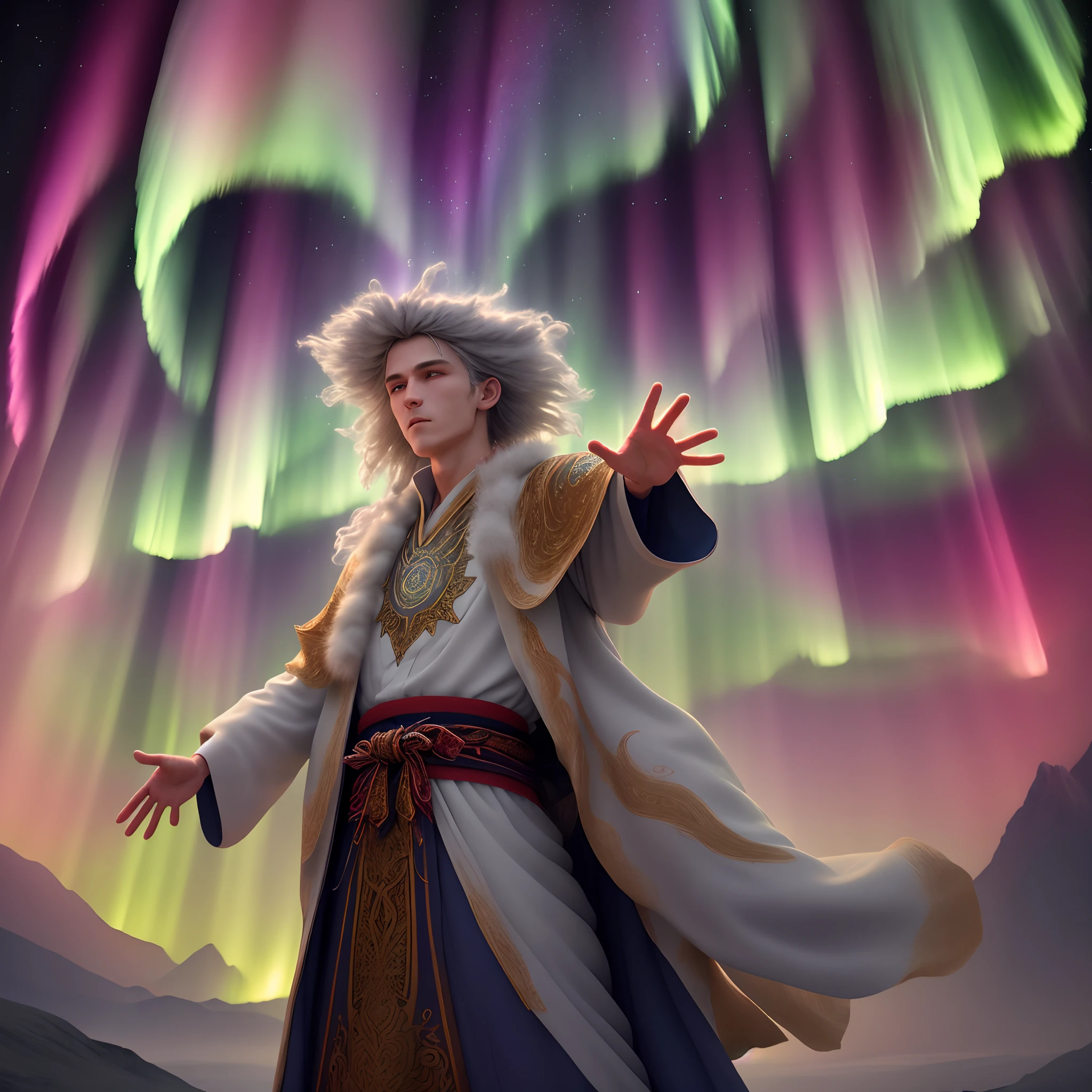 Prompt 3: Transport yourself into a spellbinding 3D visual where a skilled wizard, donned in traditional robes, expertly showcases a mesmerizing display of ancient magic. Underneath a celestial canopy painted with the breathtaking hues of an aurora borealis, the wizard's hands gracefully move through intricate gestures, leaving wisps of mystical energy in their wake.